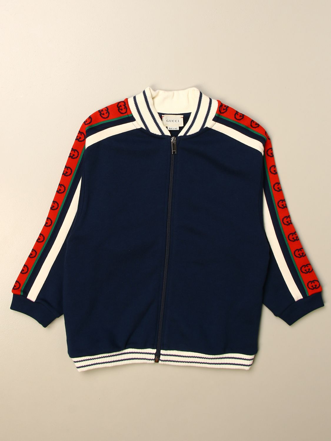 GUCCI: bomber jacket with zip and GG bands - Blue | Gucci sweater ...