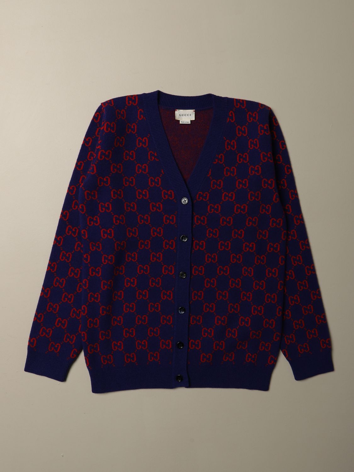 GUCCI: cardigan in wool with all-over GG pattern - Blue | Gucci sweater ...