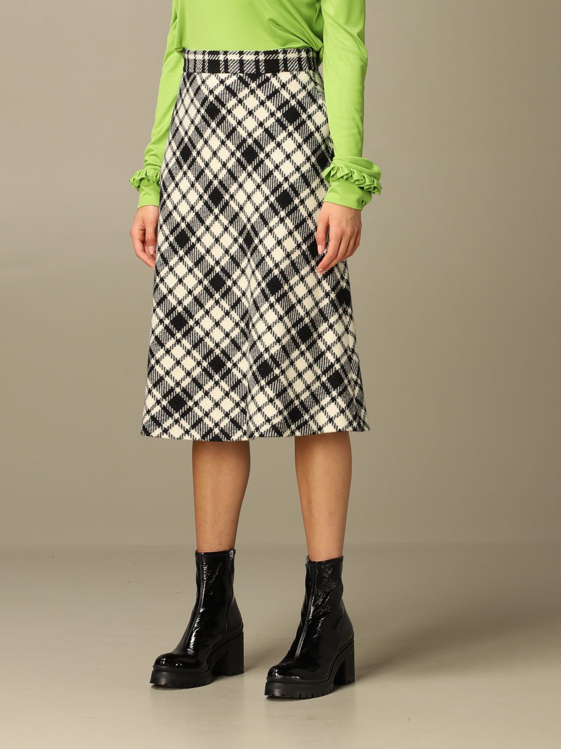 MIU MIU: longuette skirt in tartan wool - White | Skirt Miu Miu MG1463 16A  GIGLIO.COM
