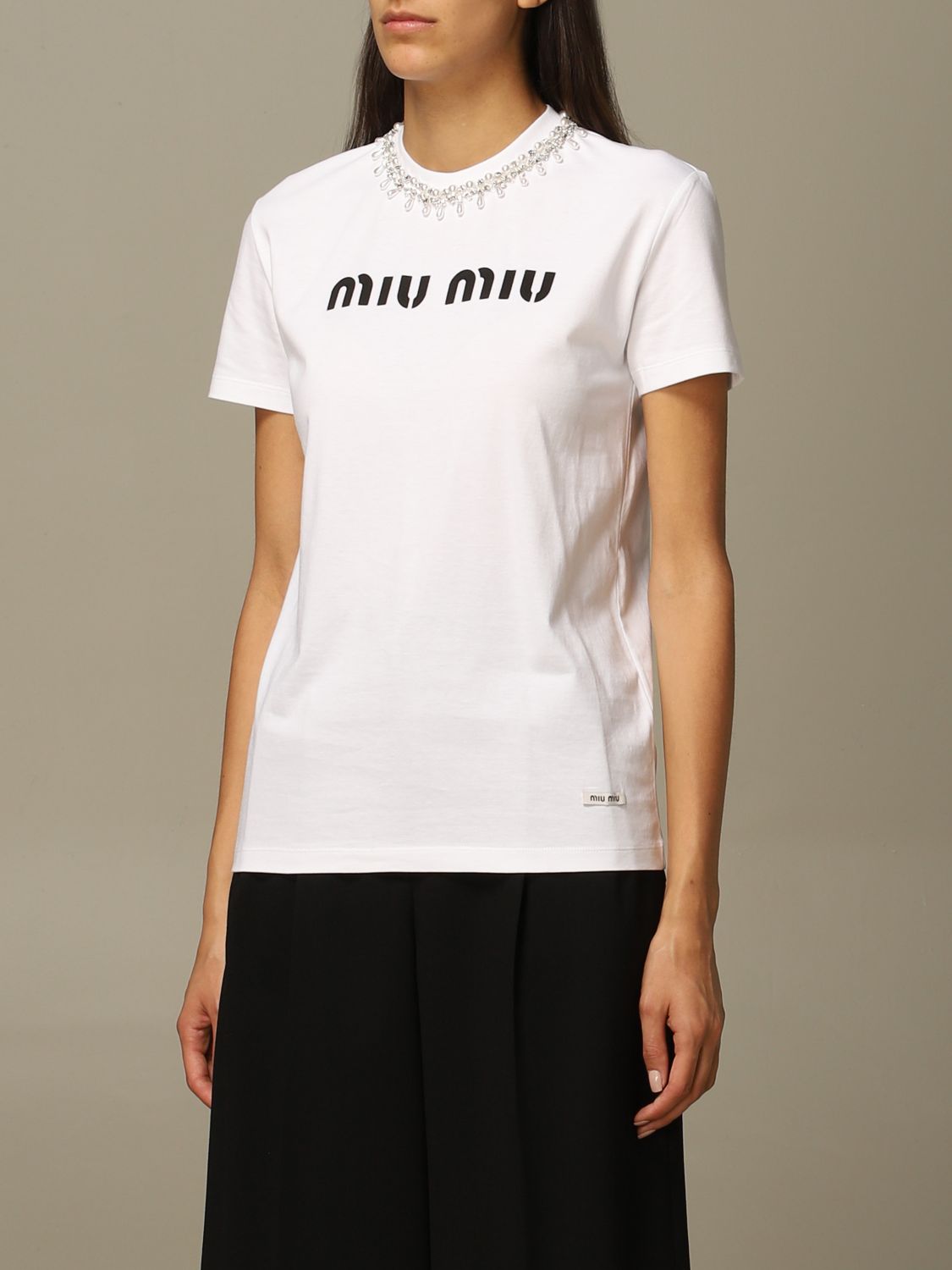 MIU MIU: t-shirt in cotton with logo and rhinestones | T-Shirt Miu Miu