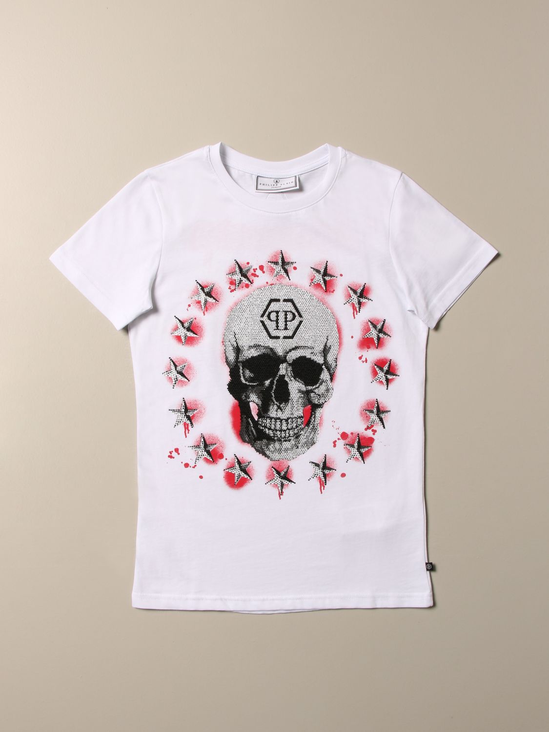 Philipp Plein Outlet: cotton t-shirt with skull and rhinestones - White ...