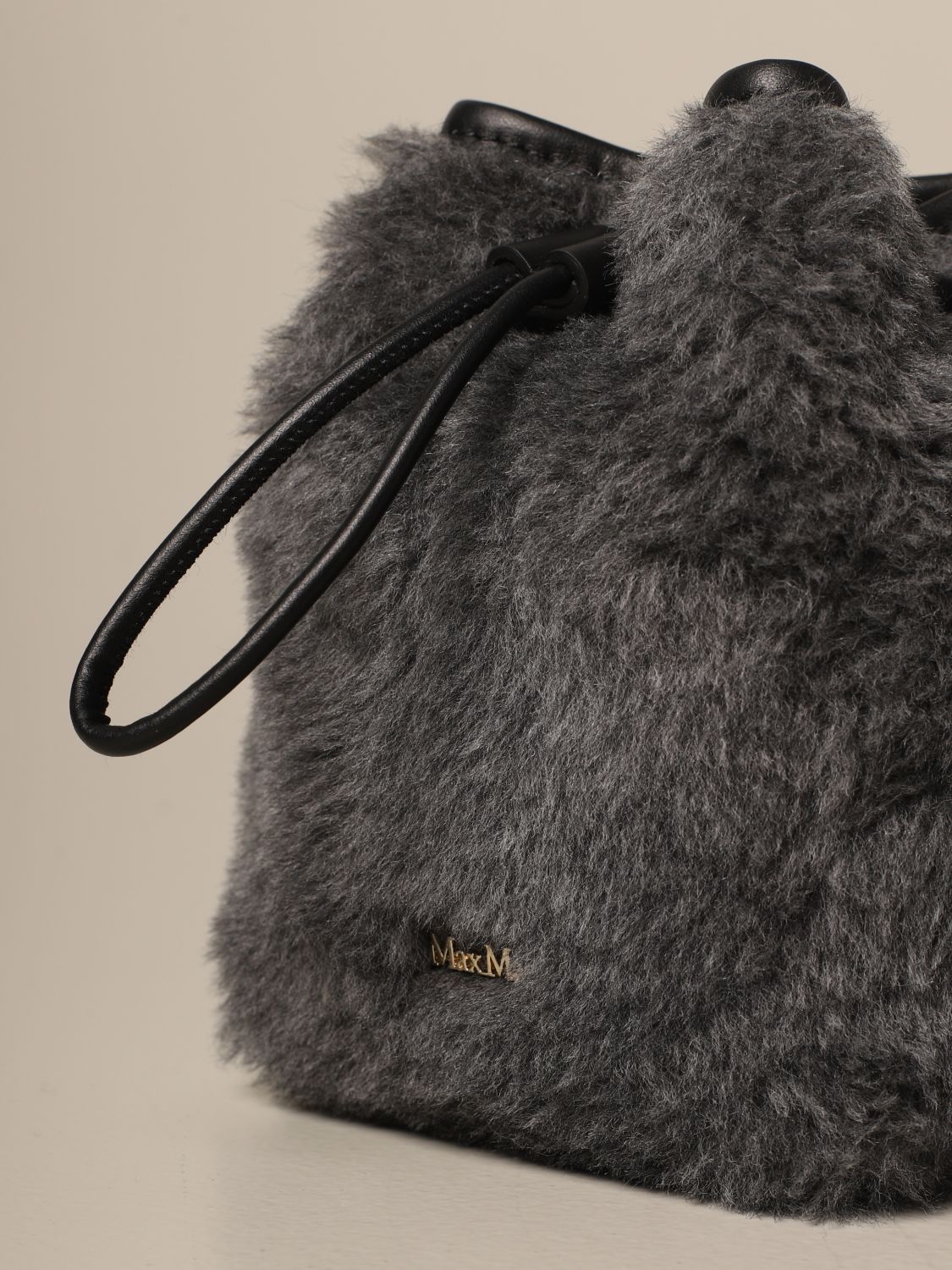 MAX MARA: teddy bucket bag in fur and leather - Grey | Mini Bag Max ...