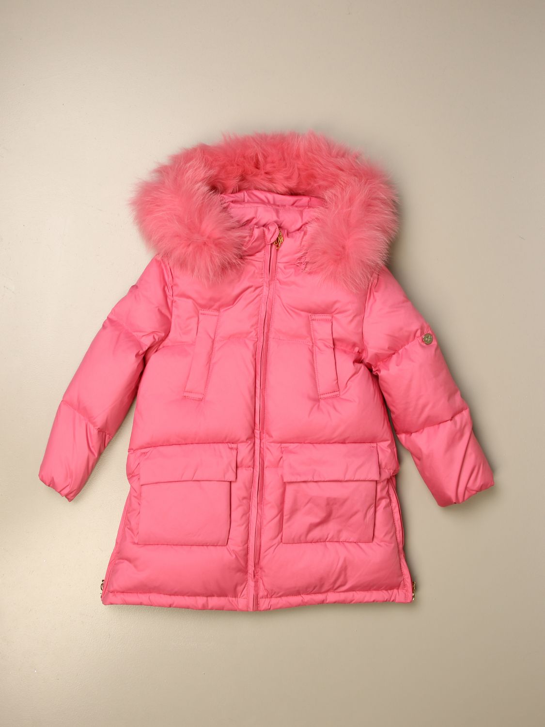 Miss Blumarine Outlet: nylon down jacket with fur trim - Pink | Miss ...