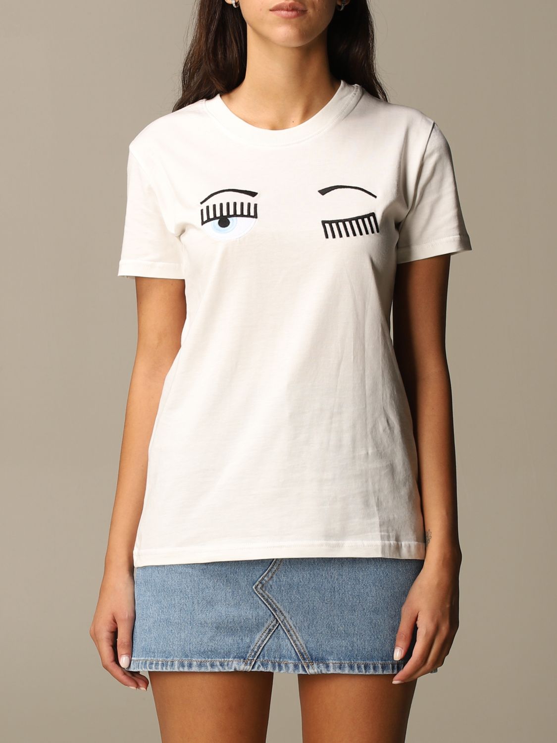 CHIARA FERRAGNI: cotton t-shirt with eyes flirting embroidery - White ...