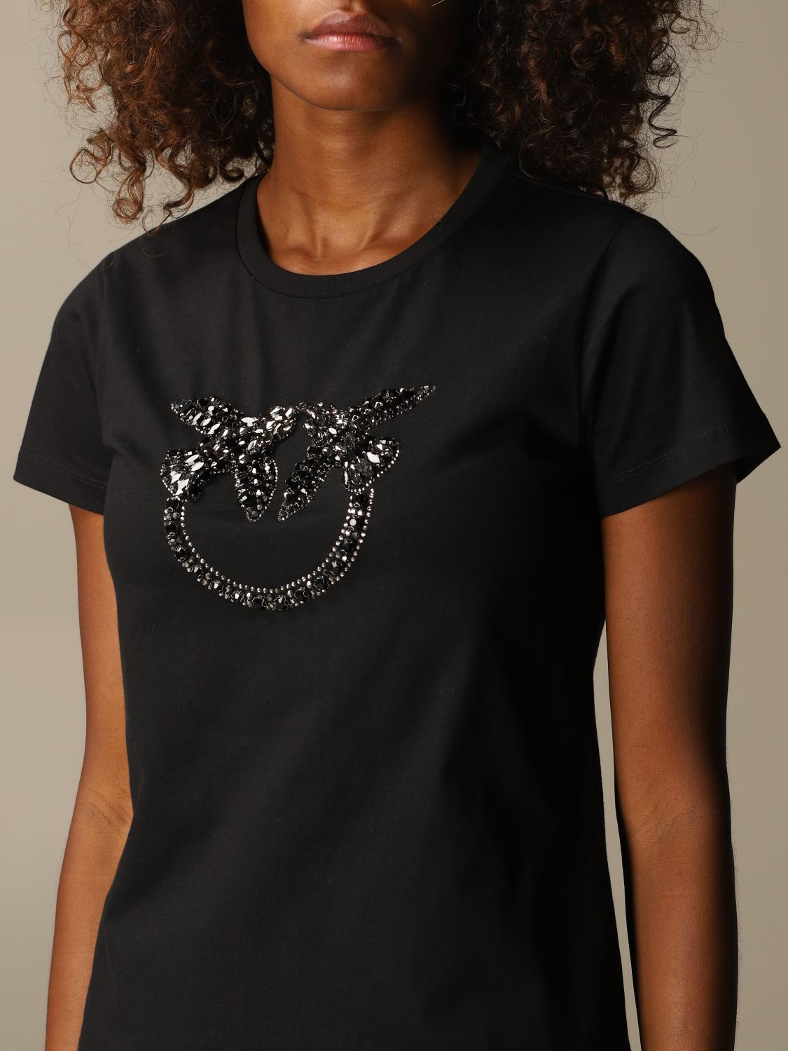 Pinko Outlet: Quentin cotton t-shirt with rhinestone logo - Black | T ...