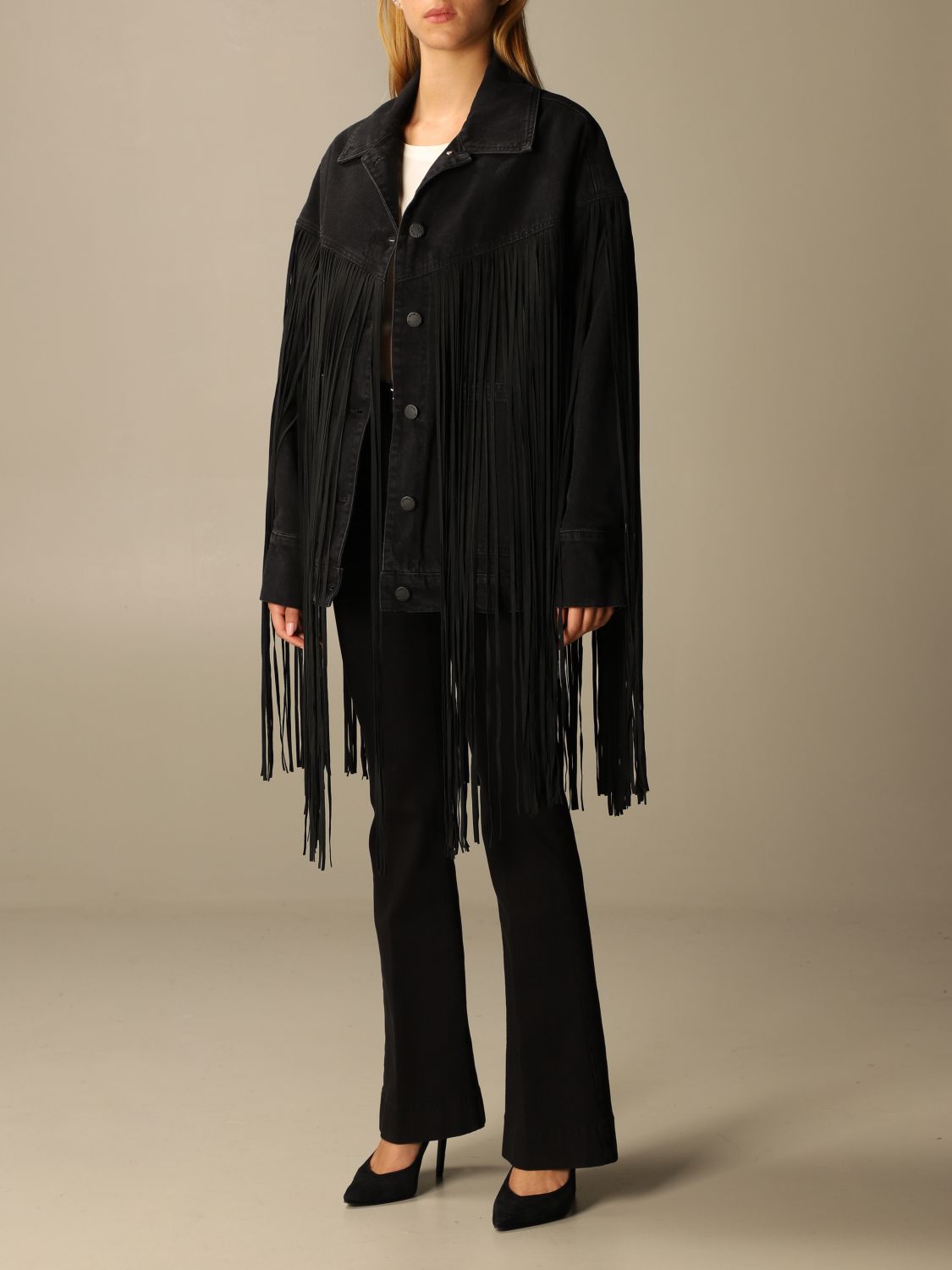 Pinko Outlet: Giacca di jeans Janet over con maxi frange - Nero | Giacca  Pinko 1J10HM-Y646 JANET GIGLIO.COM