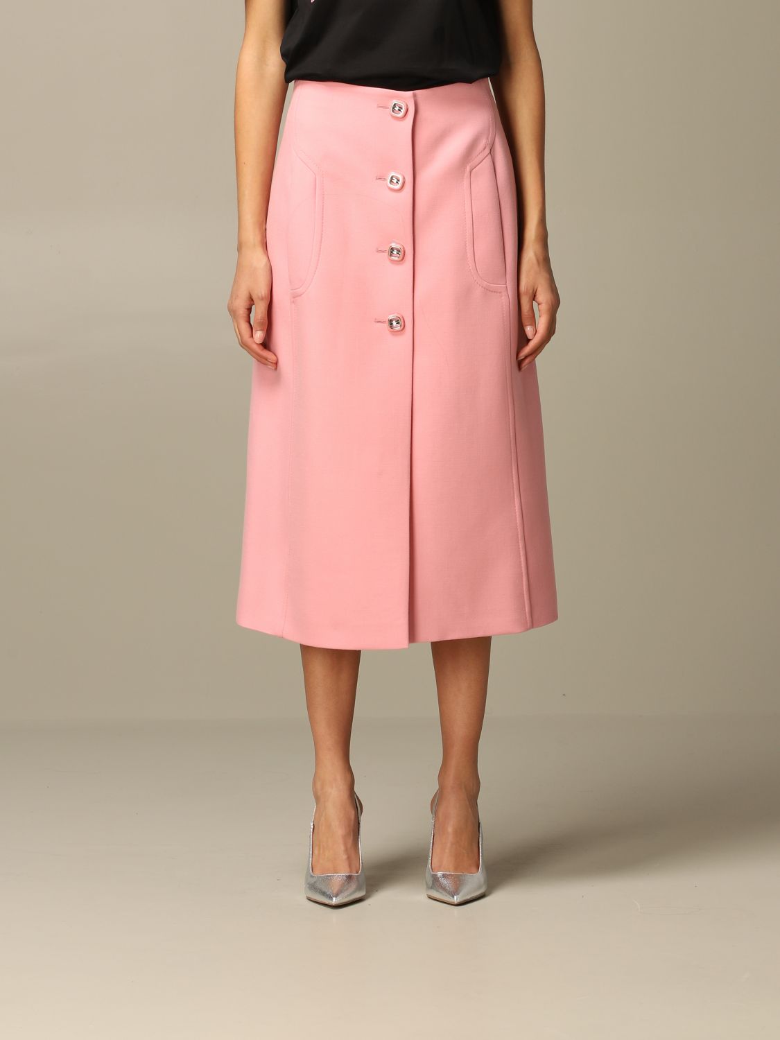 PRADA: virgin wool skirt with jewel buttons - Pink | Prada skirt P156R 1XA5  online on 