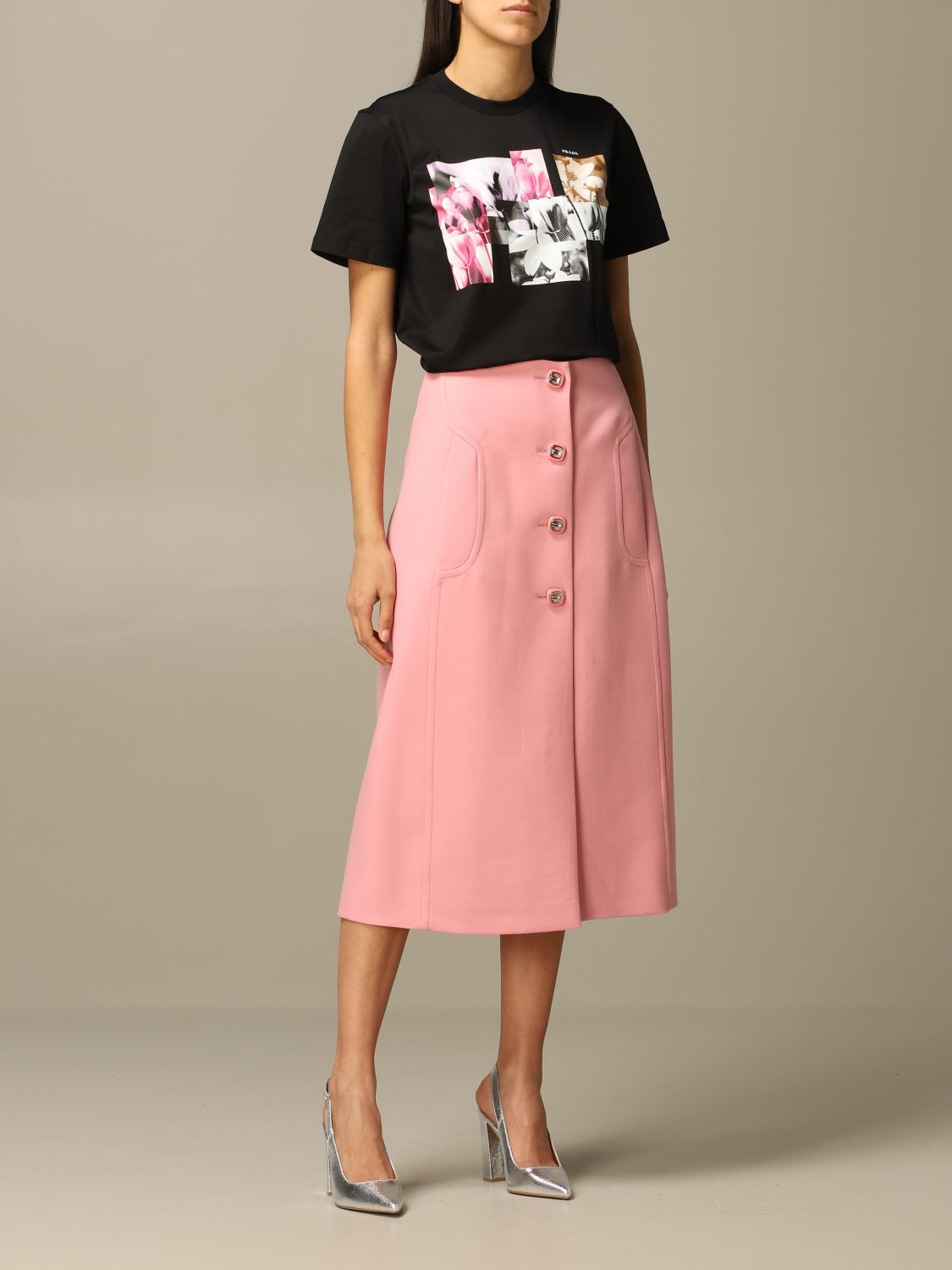 PRADA: virgin wool skirt with jewel buttons - Pink | Prada skirt P156R 1XA5  online on 