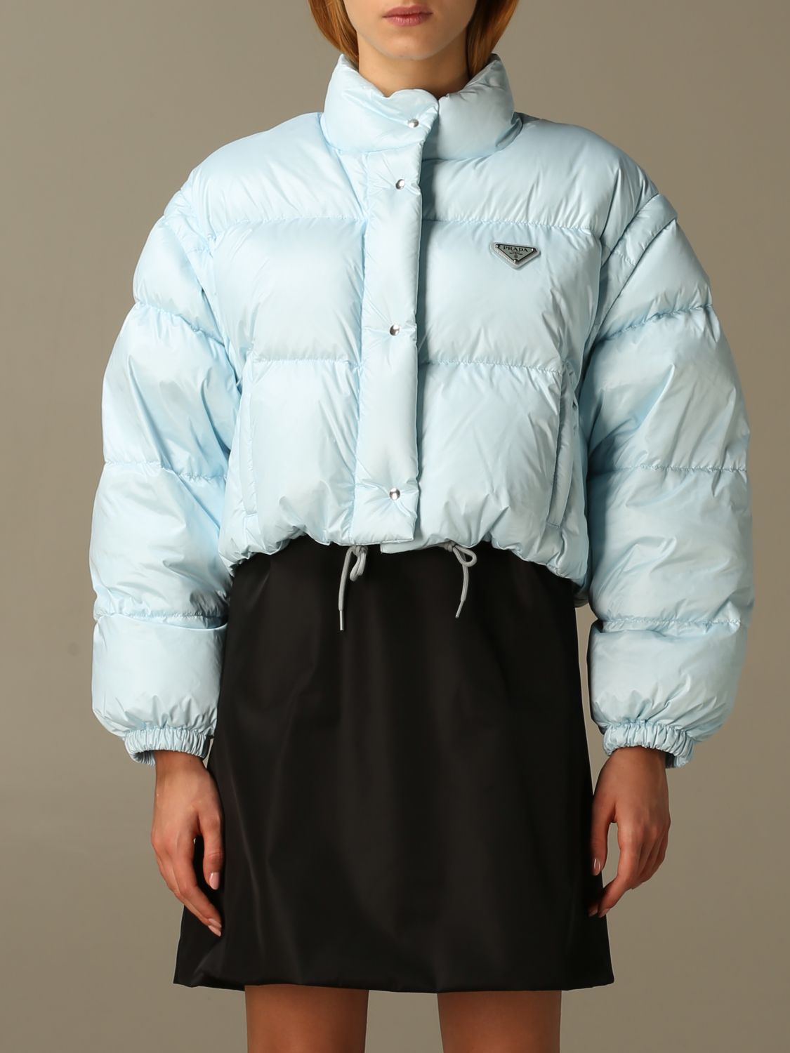 PRADA: cropped down jacket in padded nylon - Sky Blue | Prada jacket