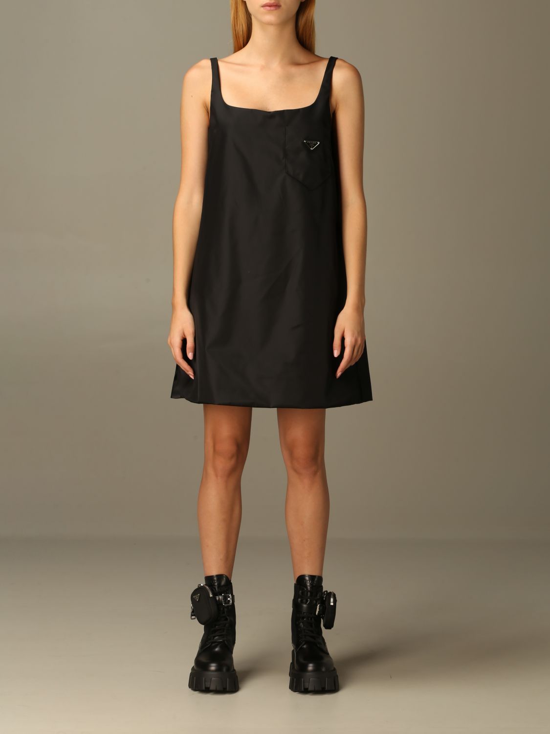 PRADA: nylon dress with triangular logo - Black | Prada dress 230621 1WQ8  online on 