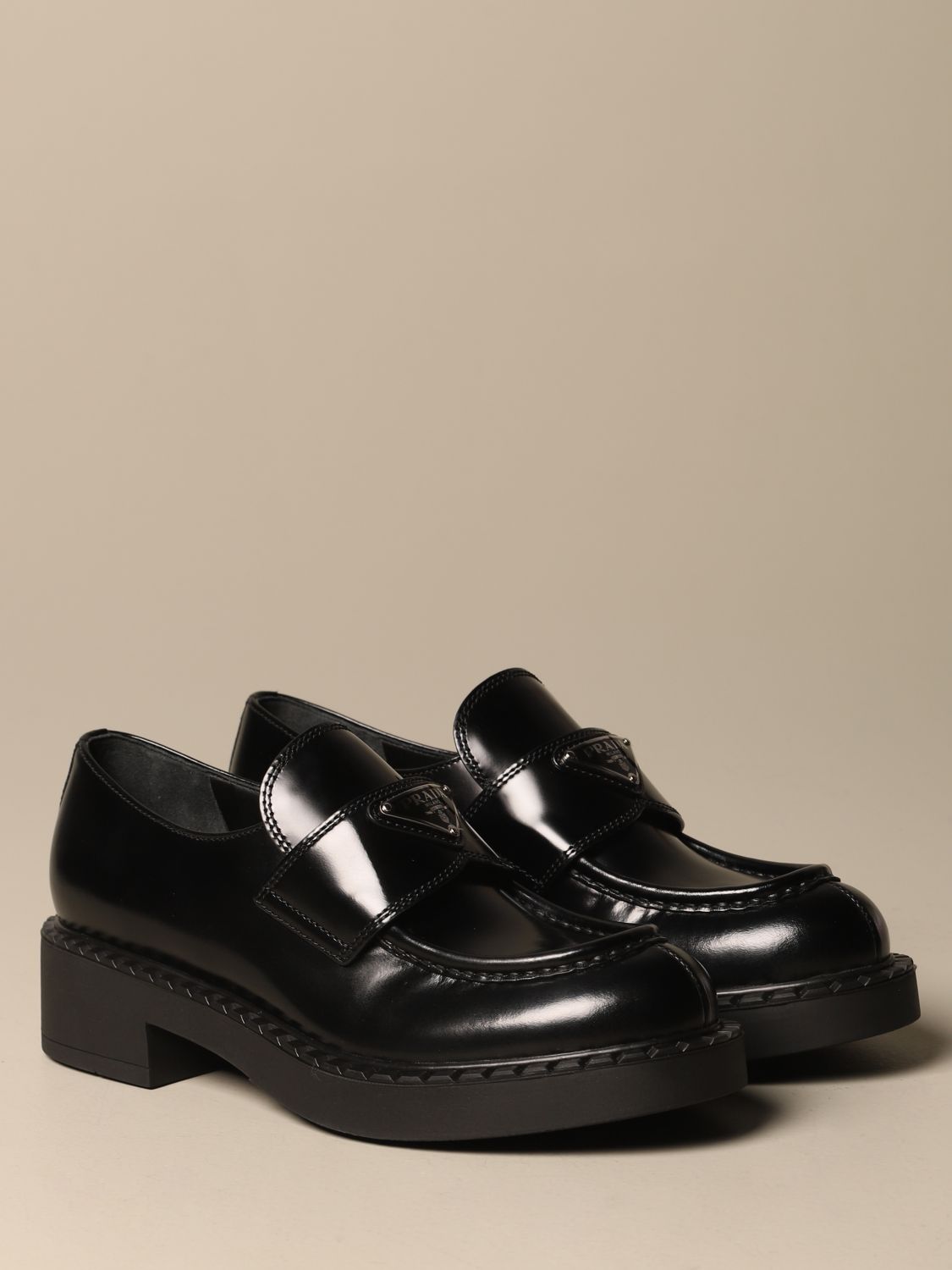 Buy > prada logo leather loafers > in stock