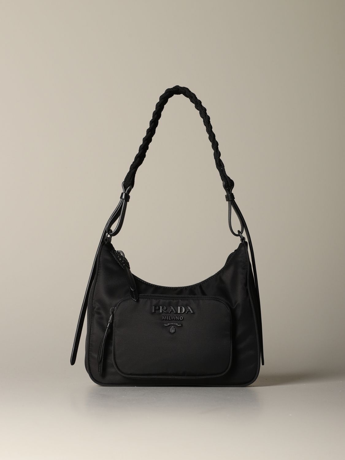 PRADA: nylon hobo bag with logo - Black | Prada shoulder bag 1BC123 2A6S  online on 