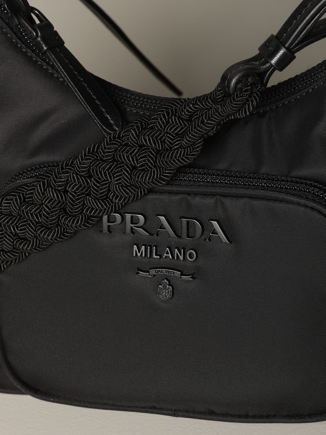 PRADA: nylon hobo bag with logo - Black | Prada shoulder bag 1BC123