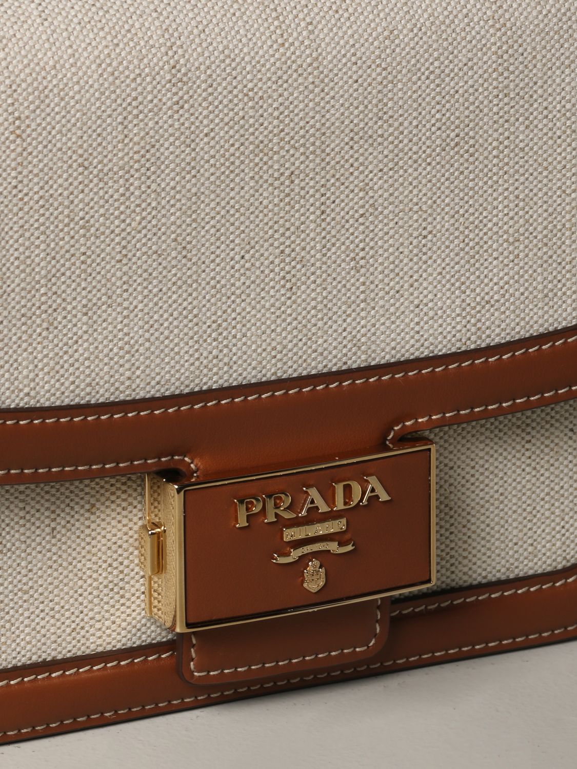 PRADA: shoulder bag in linen and leather - Beige  Prada crossbody bags  1BD257 2DLI online at