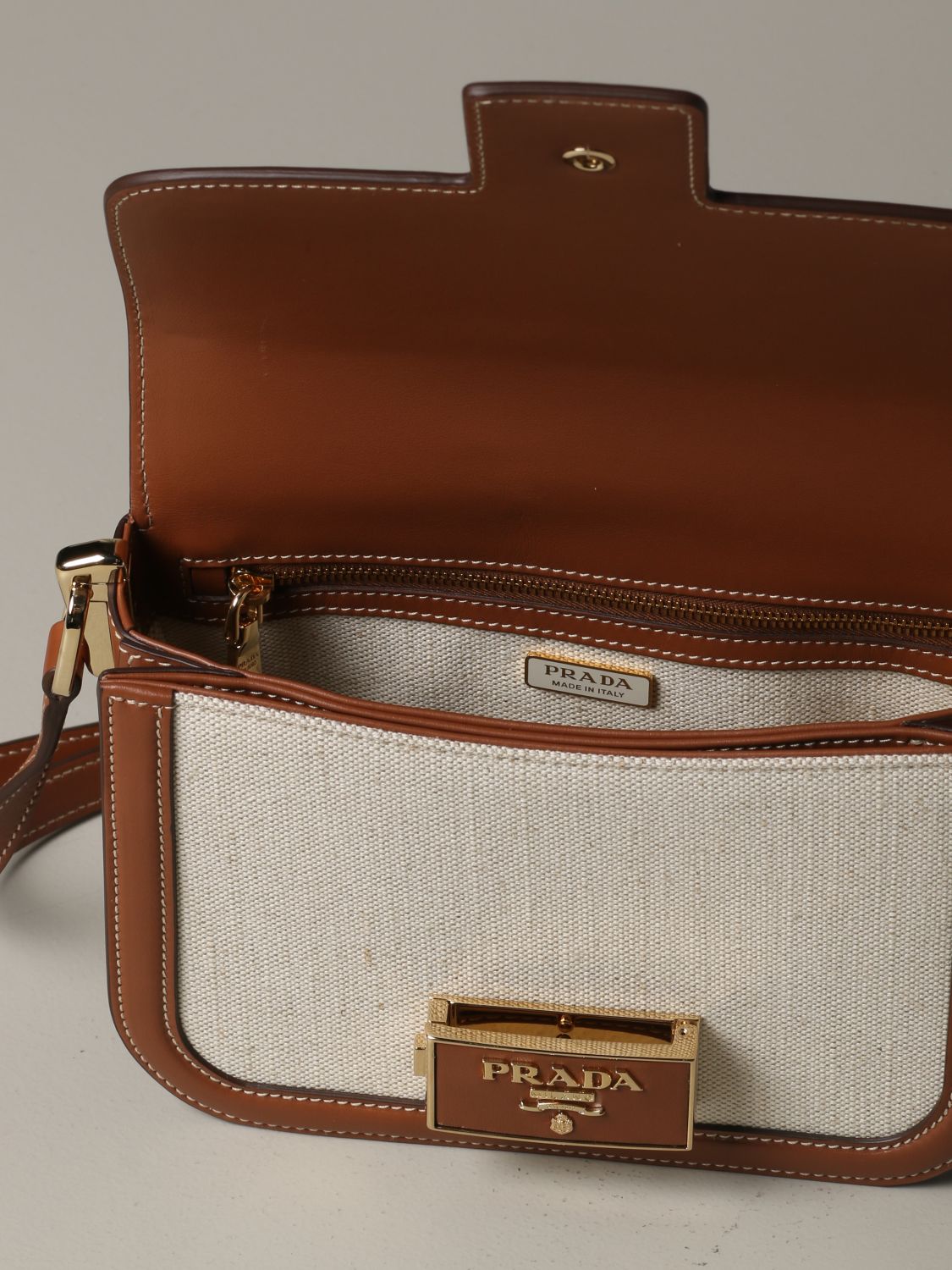 PRADA: shoulder bag in linen and leather - Beige | Crossbody Bags Prada