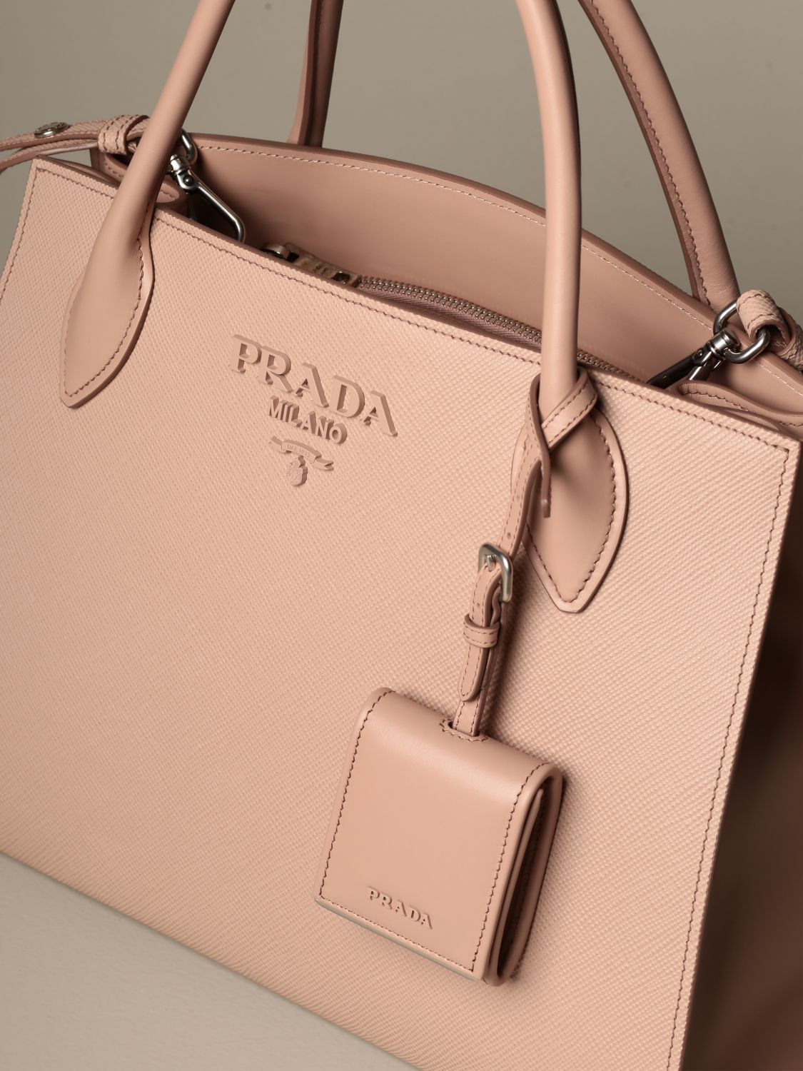 PRADA: Monochrome bag in saffiano calfskin - Blush Pink