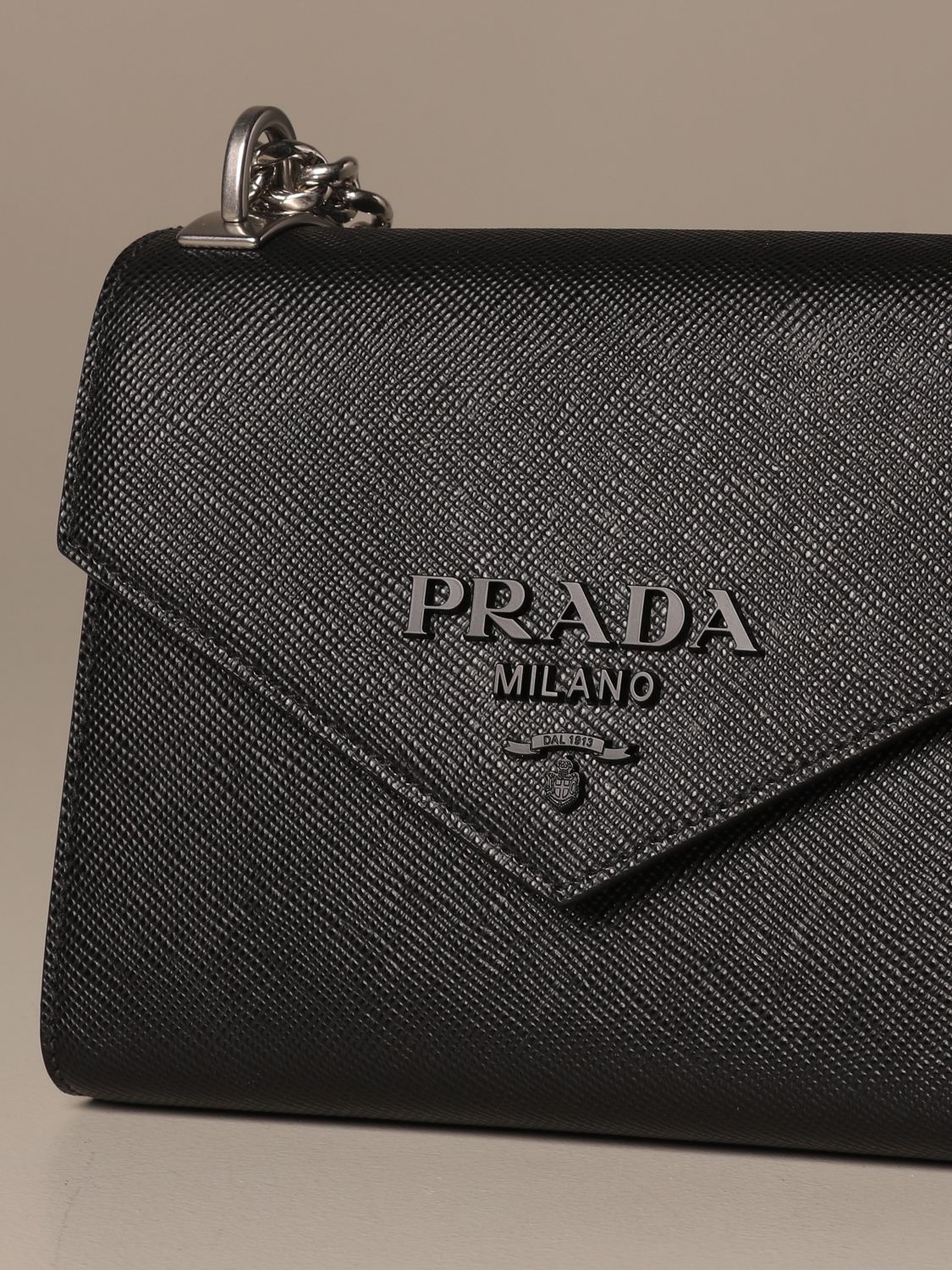 Shop PRADA Prada Monochrome Saffiano and leather bag  (1BD317_2ERX_F02TG_V_3O3, 1BD317_2ERX_F0009_V_3O3, 1BD317_2ERX_F0002_V_3O3)  by iNTheBAG