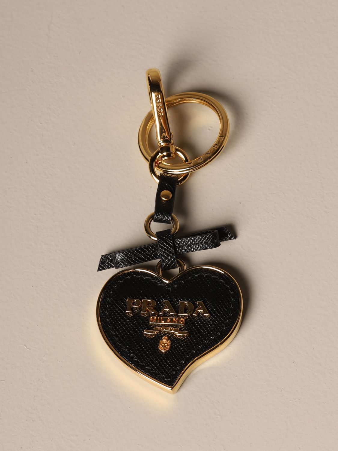 PRADA: Trick key ring in saffiano leather and metal - Black | Prada key ...