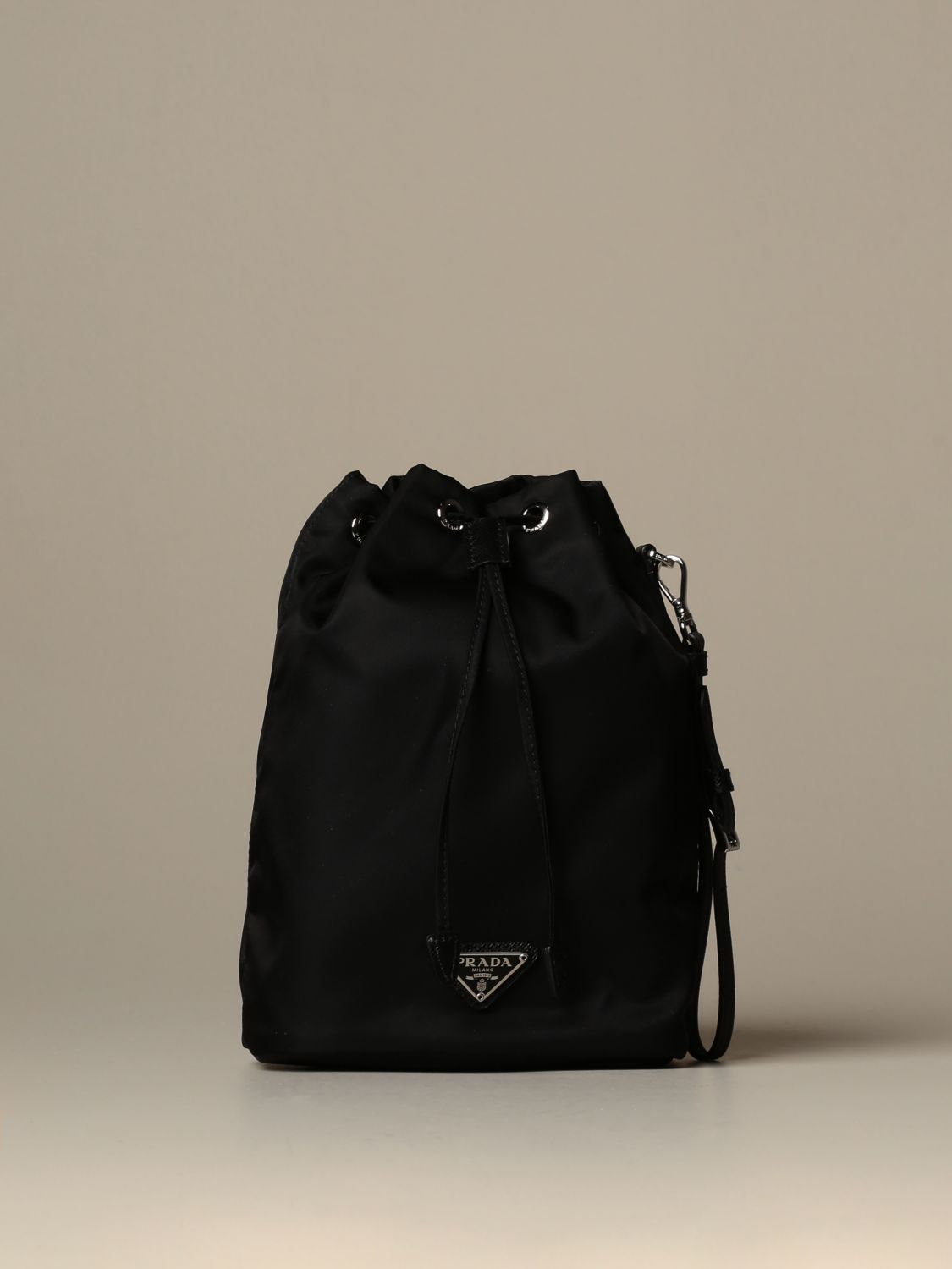 PRADA: Vela bucket bag in nylon and leather - Black | Prada mini bag ...