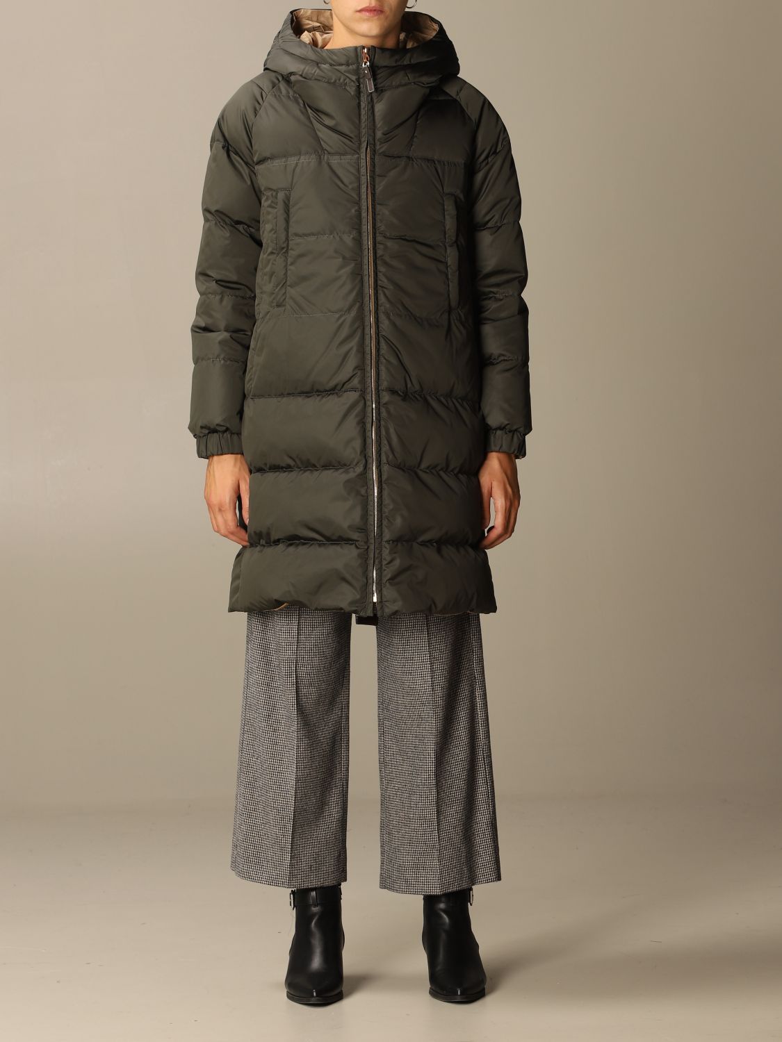 Max Mara The Cube Outlet: reversible down jacket with hood - Kaki | Max ...