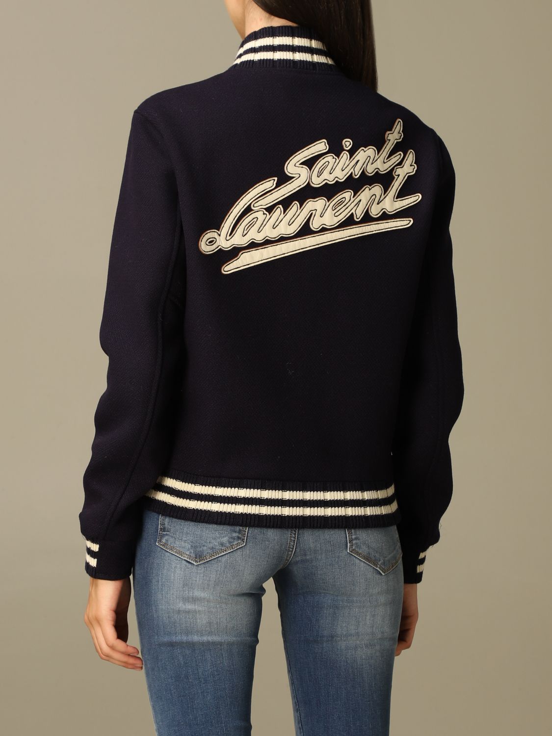 SAINT LAURENT: college bomber jacket in wool with back logo - Navy ...