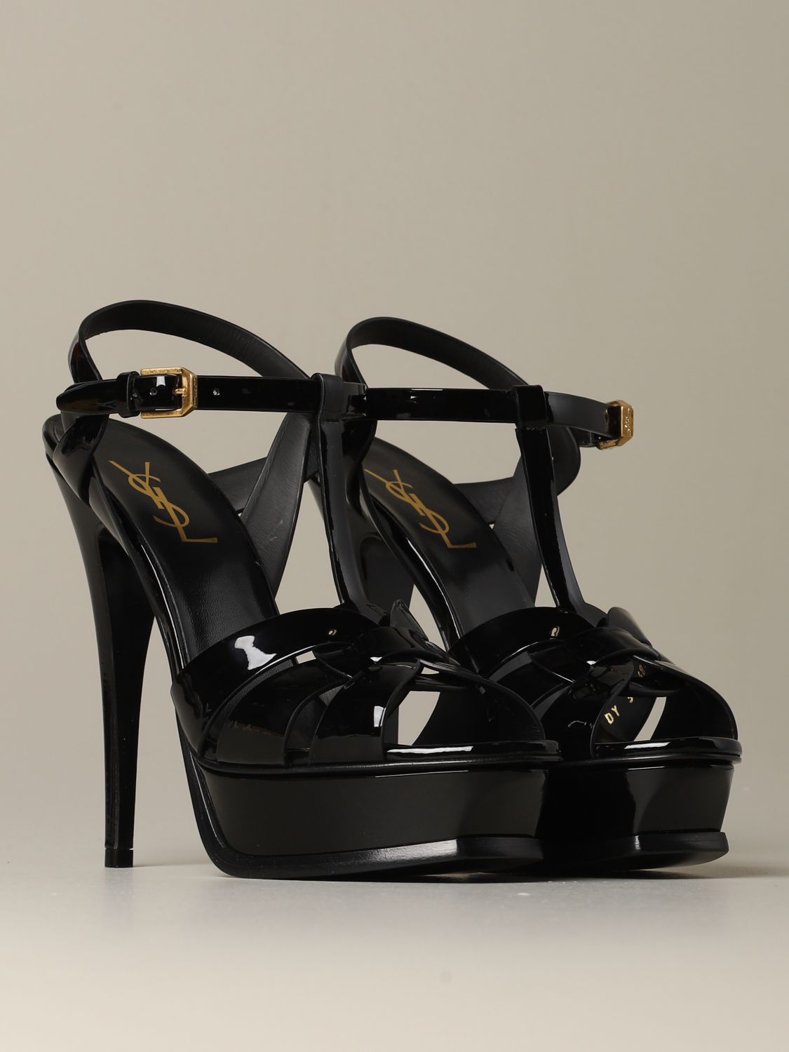 SAINT LAURENT: Tribute sandal in patent leather - Black | Saint Laurent ...