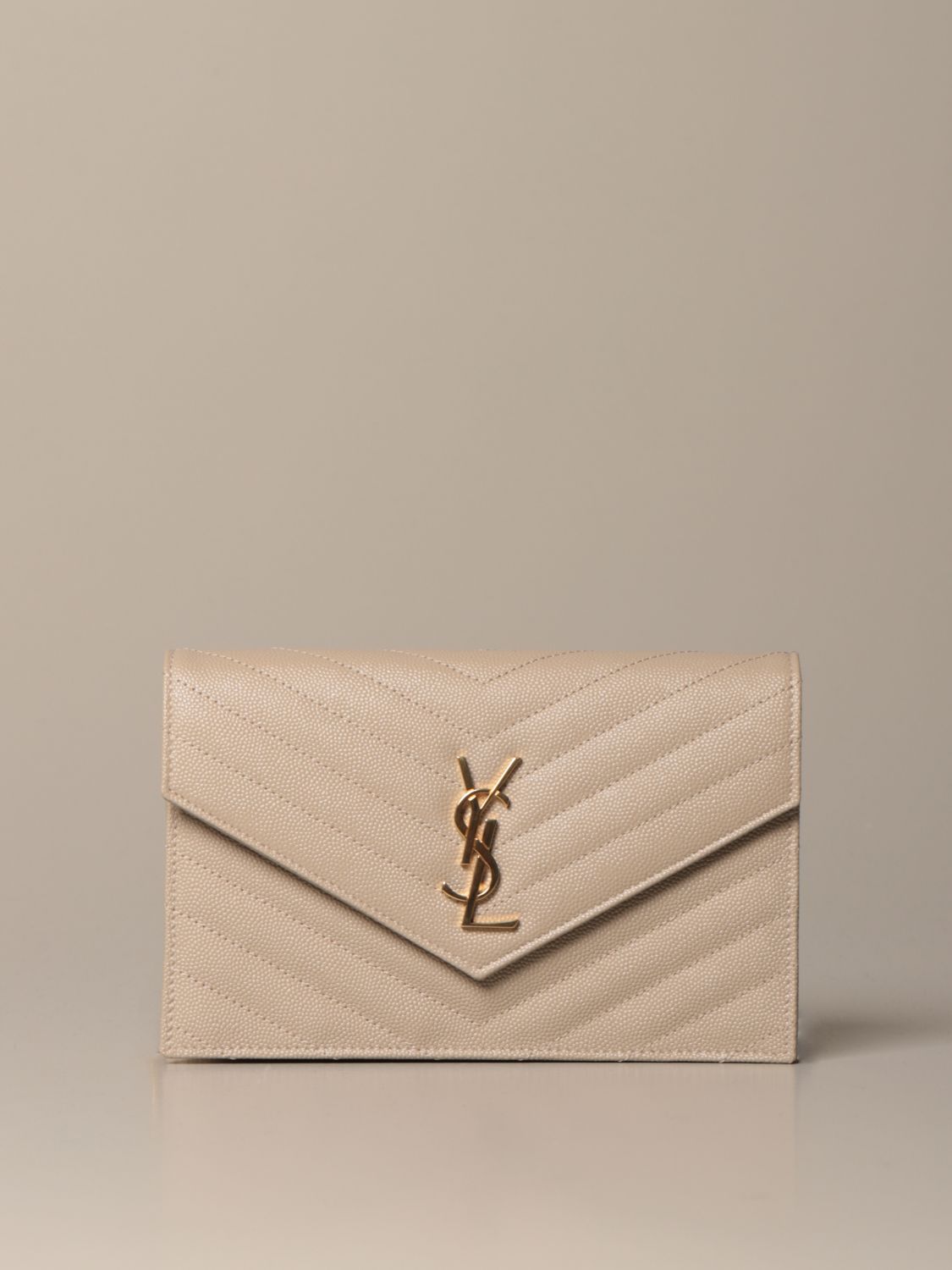 SAINT LAURENT: Monogram envelope bag in grain de poudre leather - Beige ...