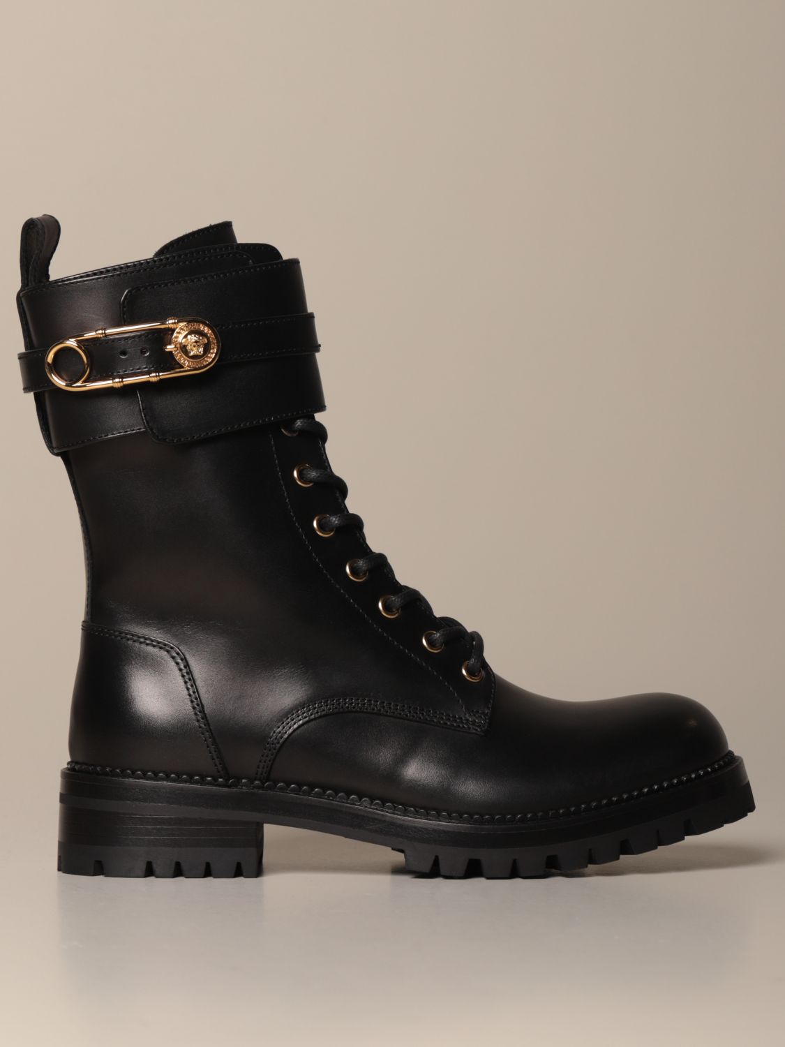 Combat Versace amphibian in leather with safety pin