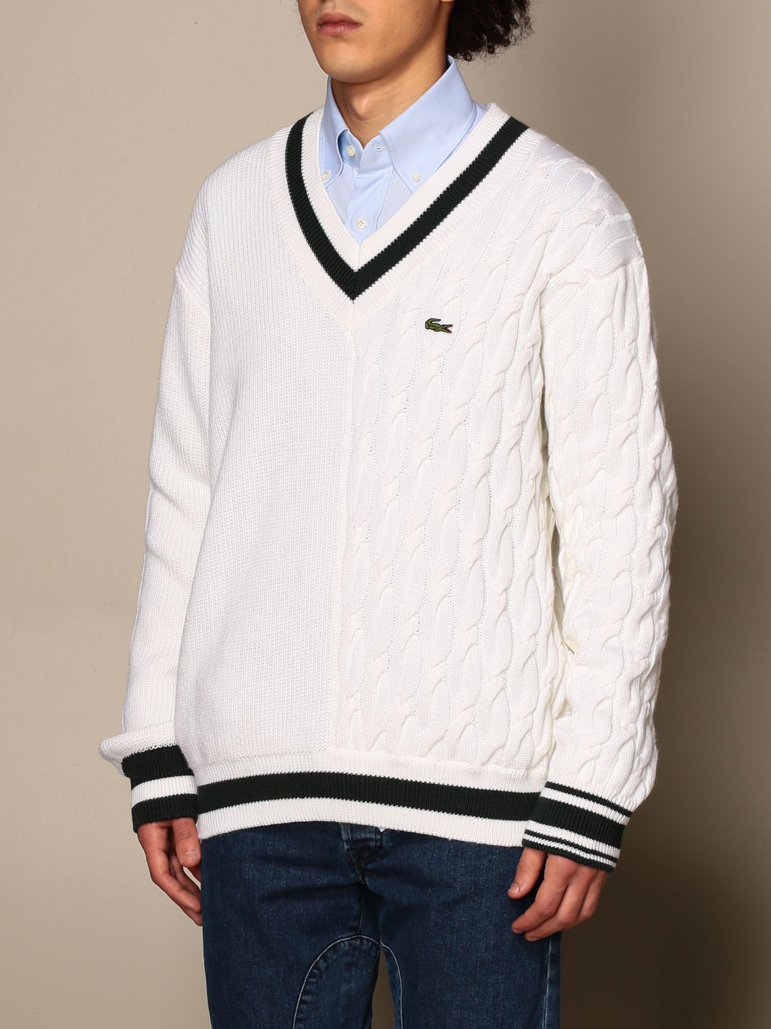 L!VE: Lacoste L! Ve v-neck sweater in wool blend logo - White | Lacoste L!Ve sweater AH1226 online at GIGLIO.COM