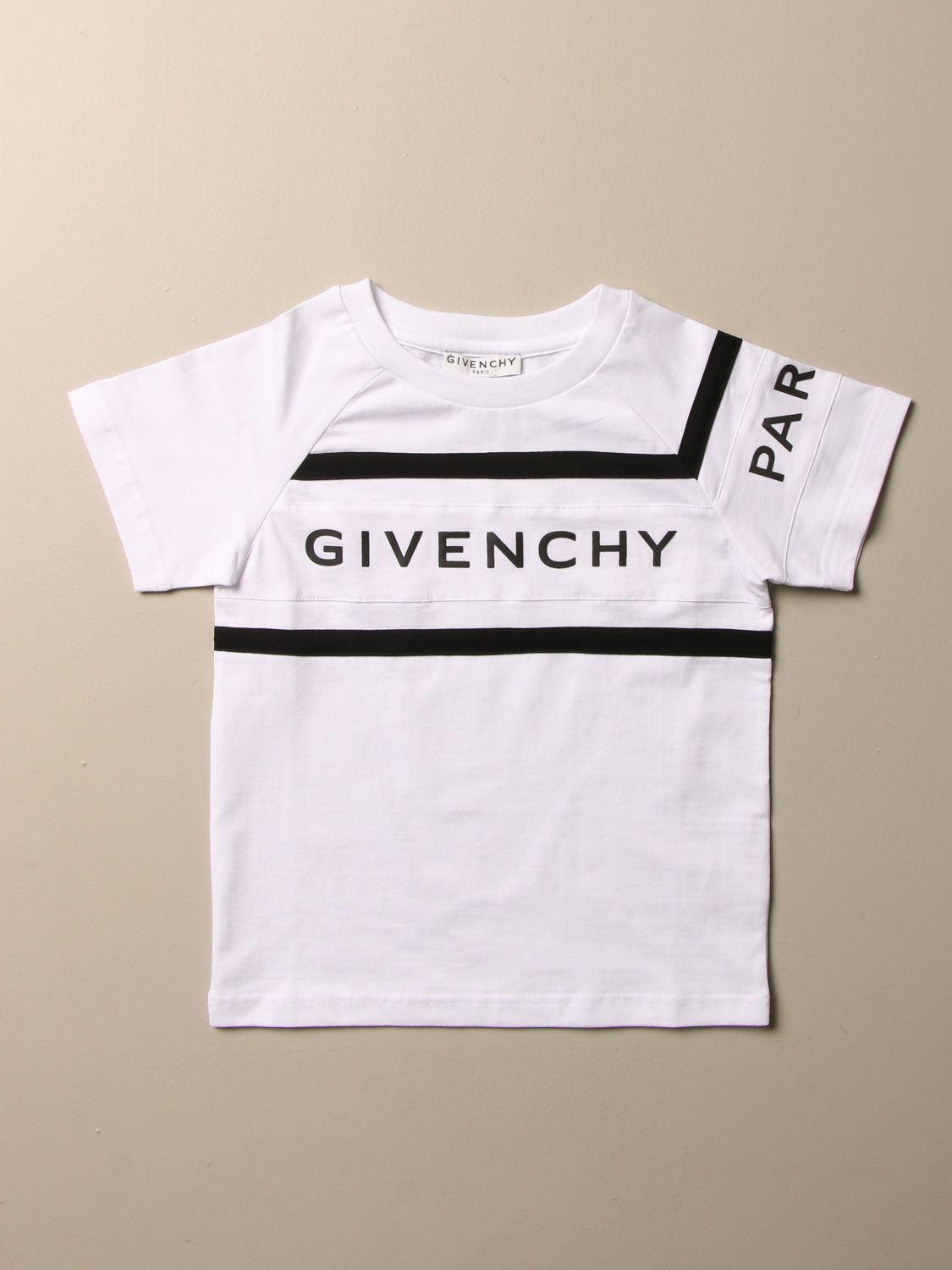 T-shirt Givenchy a maniche corte con logo e bande | T-Shirt Givenchy  Bambino Bianco | T-Shirt Givenchy H25212 Giglio IT