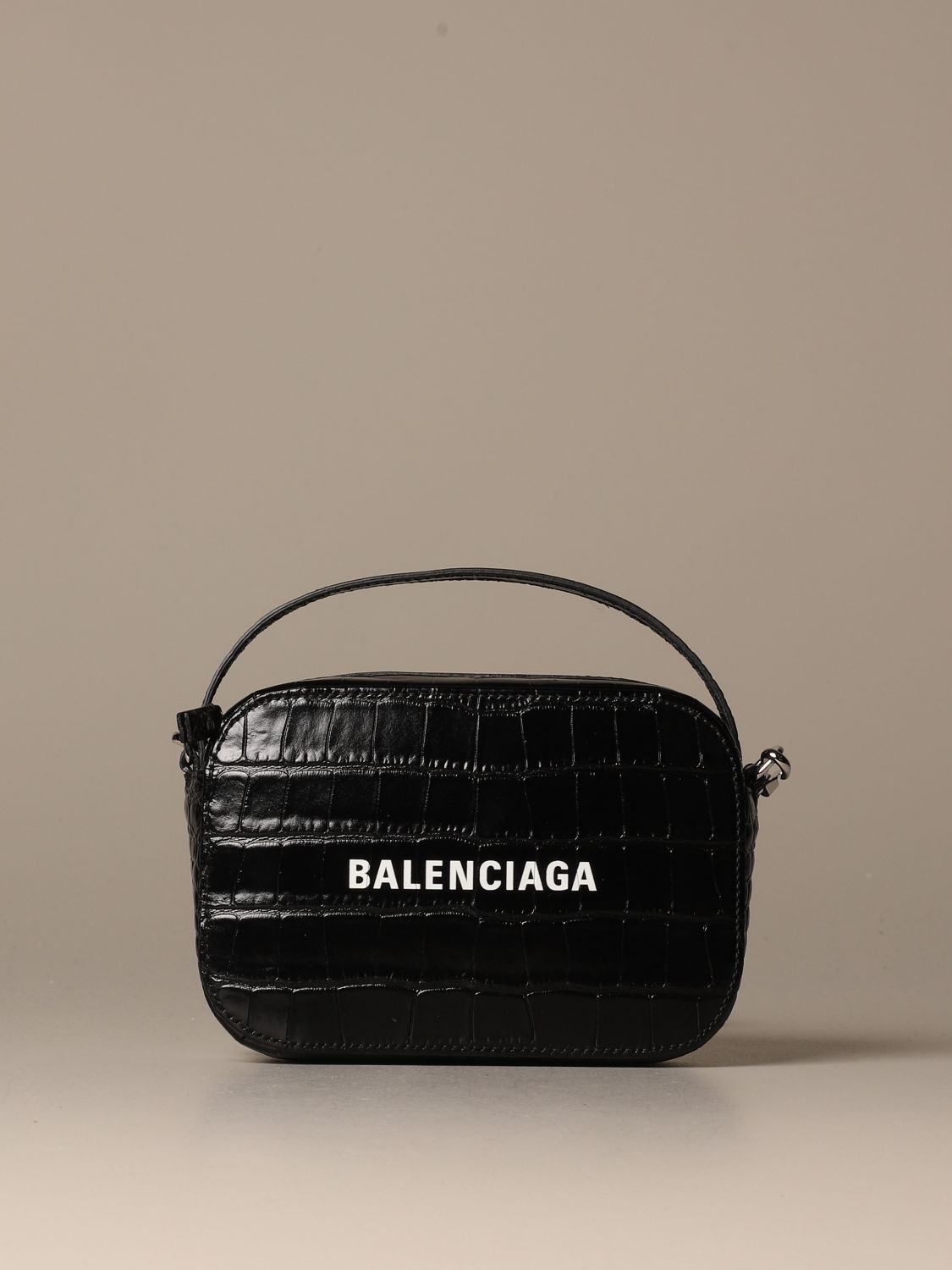 BALENCIAGA: Everyday camera bag in crocodile leather - Black