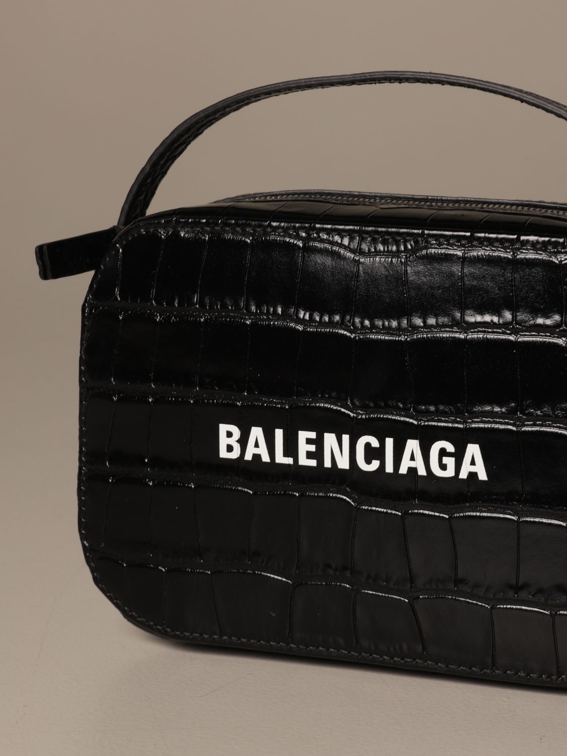 BALENCIAGA: Everyday camera bag in crocodile leather - Black | Mini Bag ...