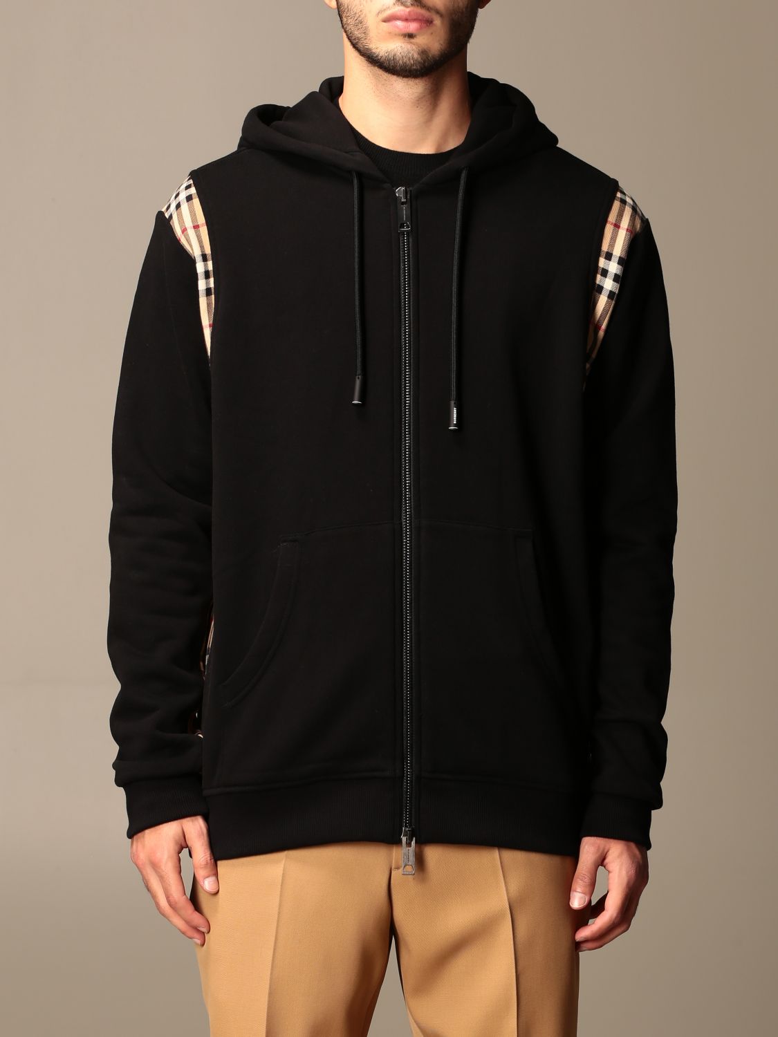 BURBERRY: Checker cotton sweatshirt with check details | Sweatshirt Black | Burberry 8034510 GIGLIO.COM