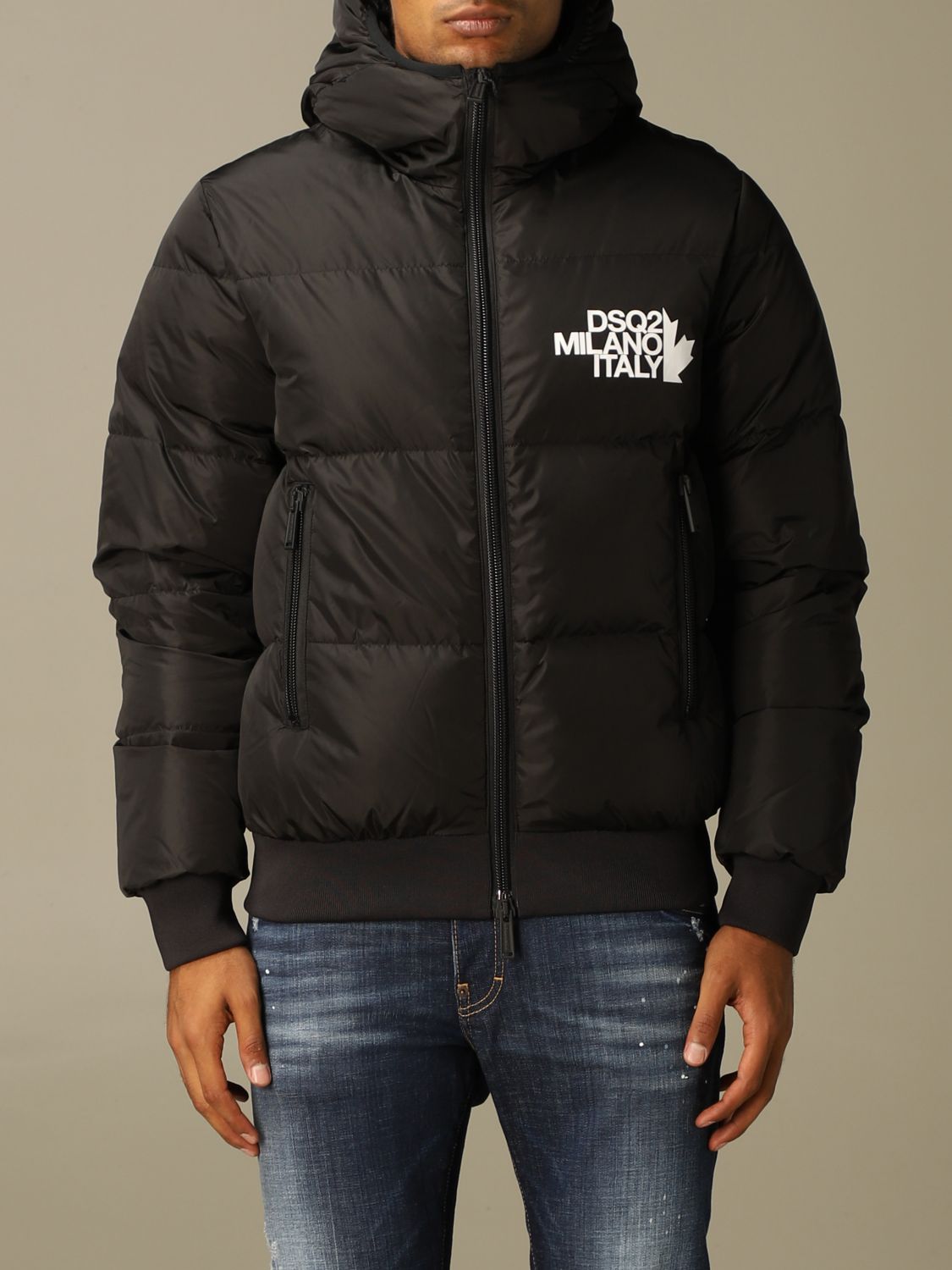 DSQUARED2: down jacket with hood logo - Black Dsquared2 jacket S74AM1085 online on GIGLIO.COM