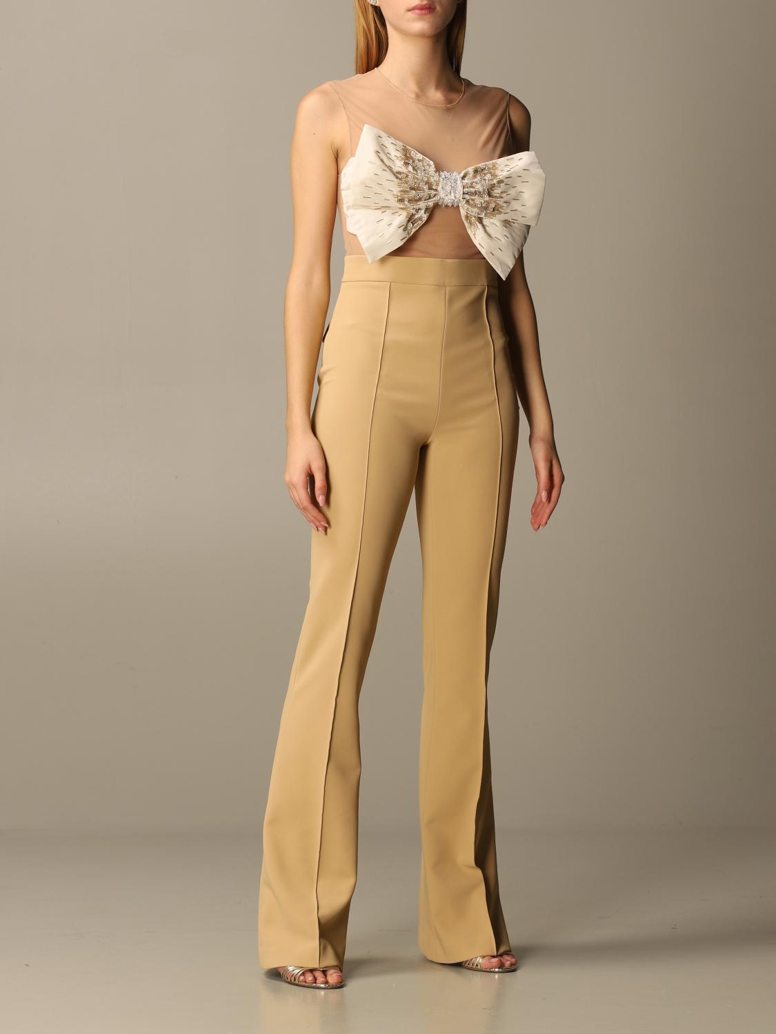Elisabetta Franchi Outlet: Pantalone a zampa in doppio crêpe - Cammello |  Pantalone Elisabetta Franchi PA342 06E2 GIGLIO.COM