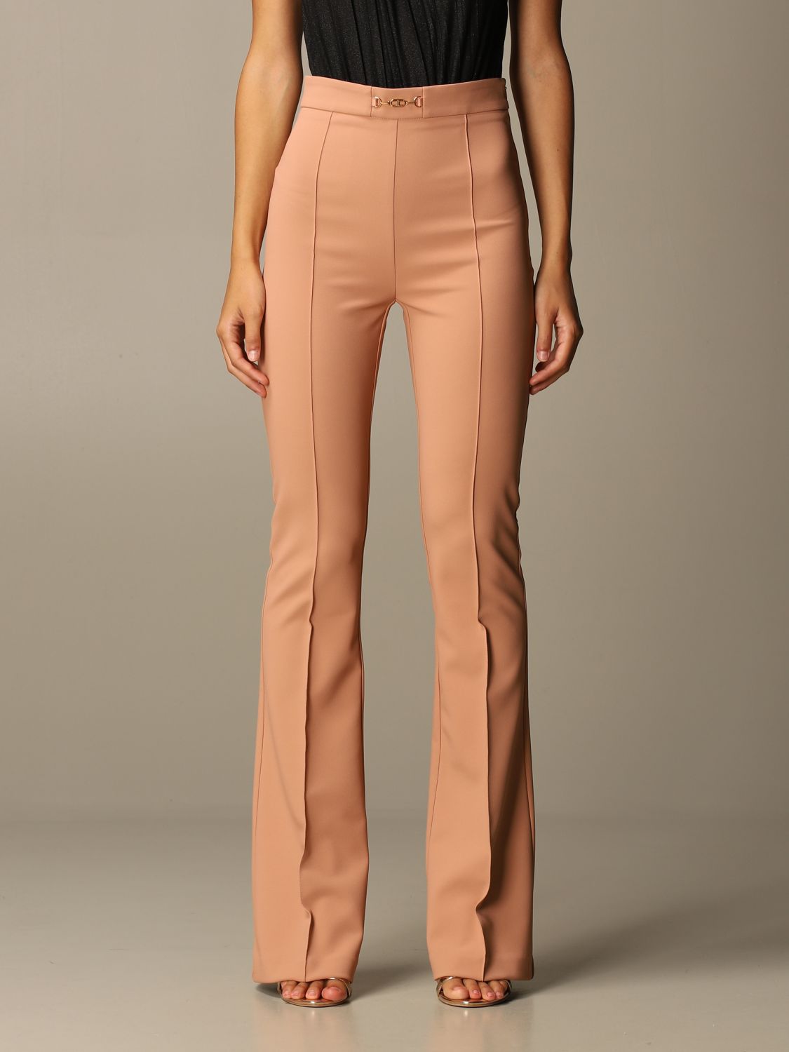 ELISABETTA FRANCHI: Pantalone a zampa in doppio crêpe - Rosa | Pantalone  Elisabetta Franchi PA363 06E2 GIGLIO.COM