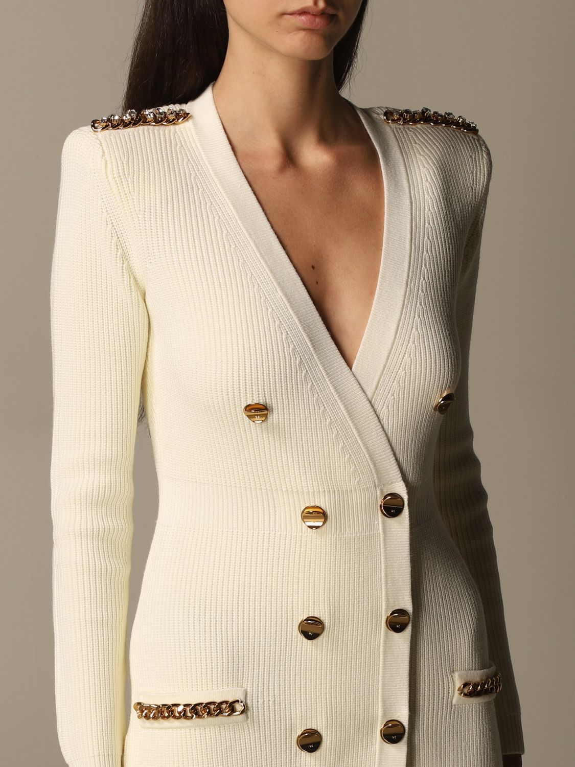 ELISABETTA FRANCHI: knit dress with metal chains - Yellow Cream 