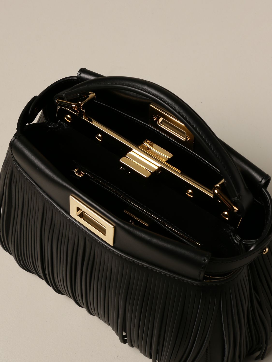 FENDI Small Peekaboo bag in leather with fringes Crossbody Bags Fendi Women Black Crossbody