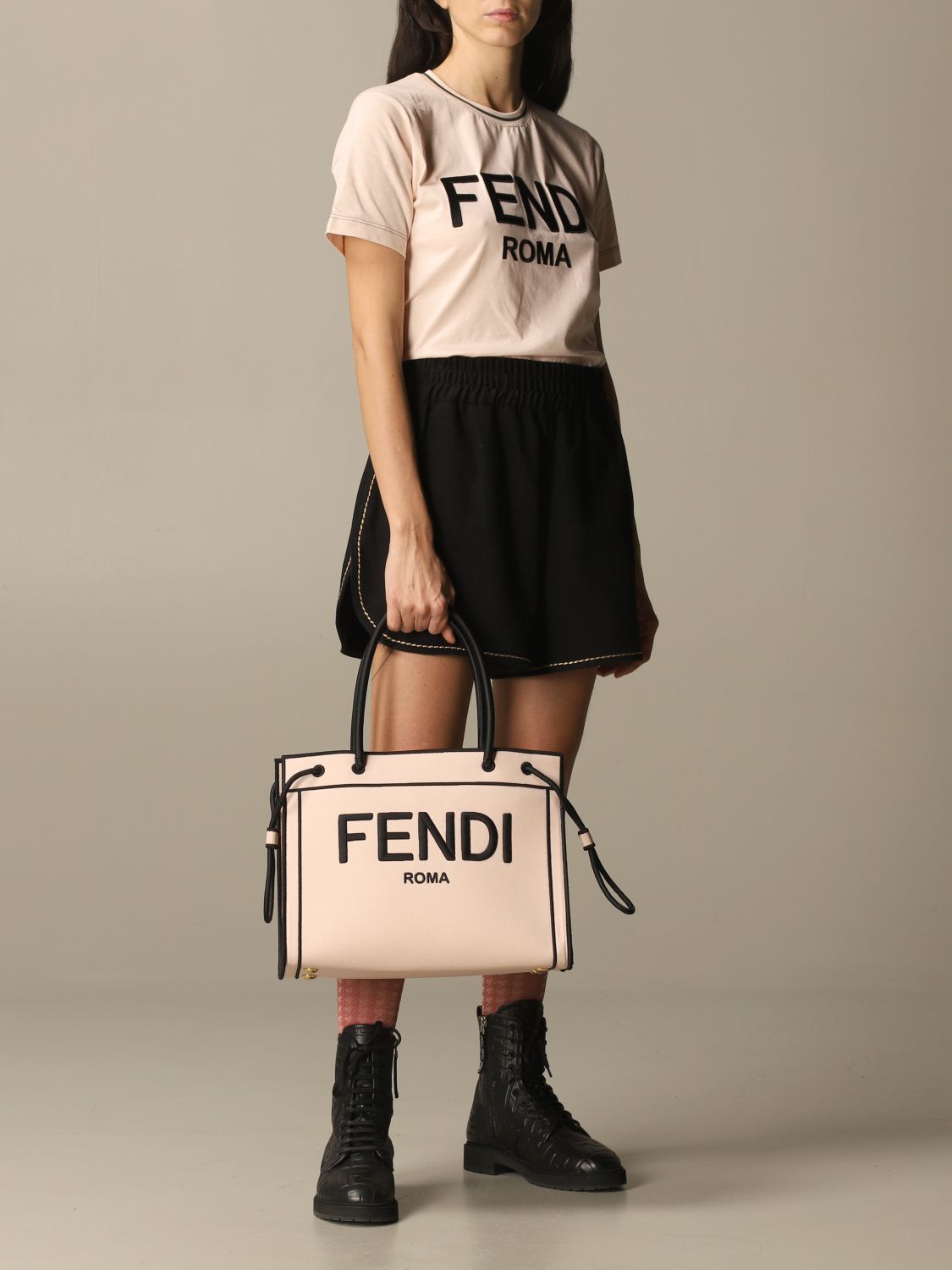 Fendi Canvas Tote Bag With Roma Embroidery in Black