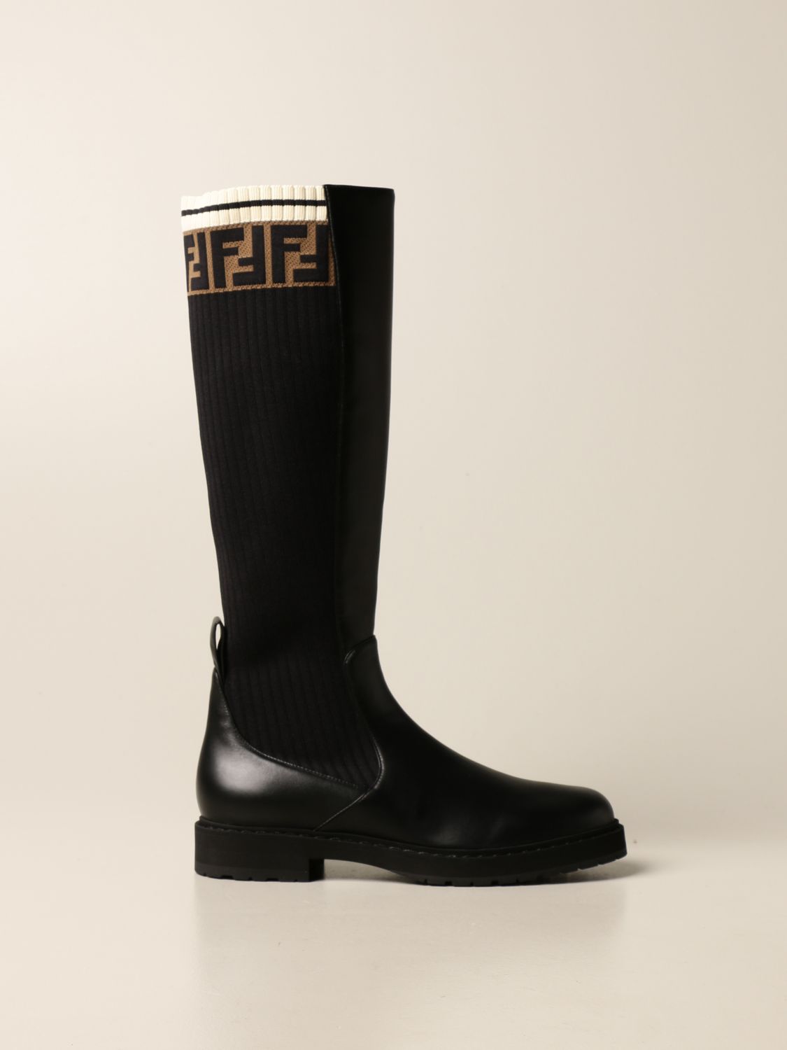Fendi boot in nappa leather and ribbed knit | Shoes Fendi Women Black ...