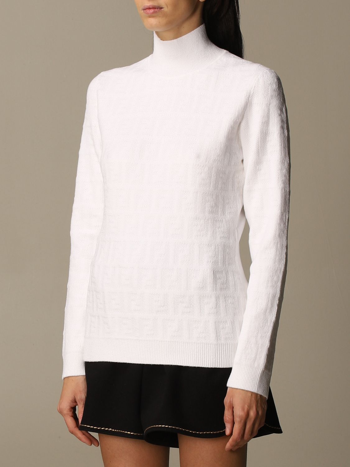 FENDI: turtleneck with FF logo in all-over jacquard - White | Sweater ...
