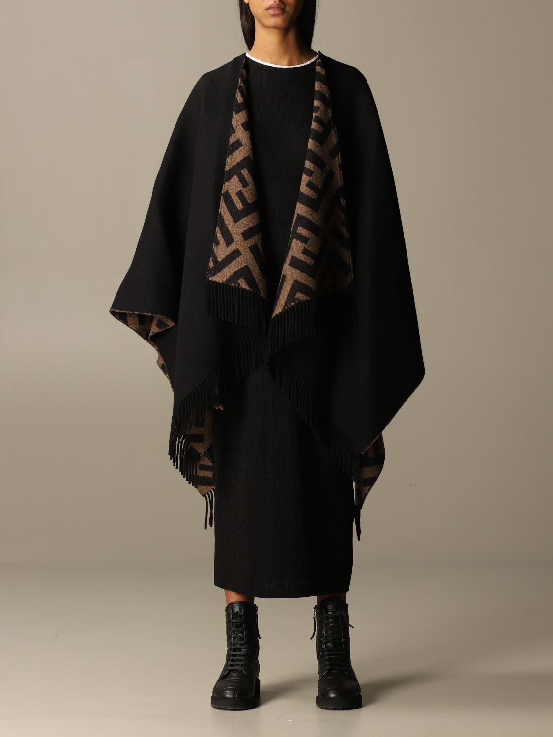 FENDI: Reversible wool with all-over ff logo - Black | Fendi cape
