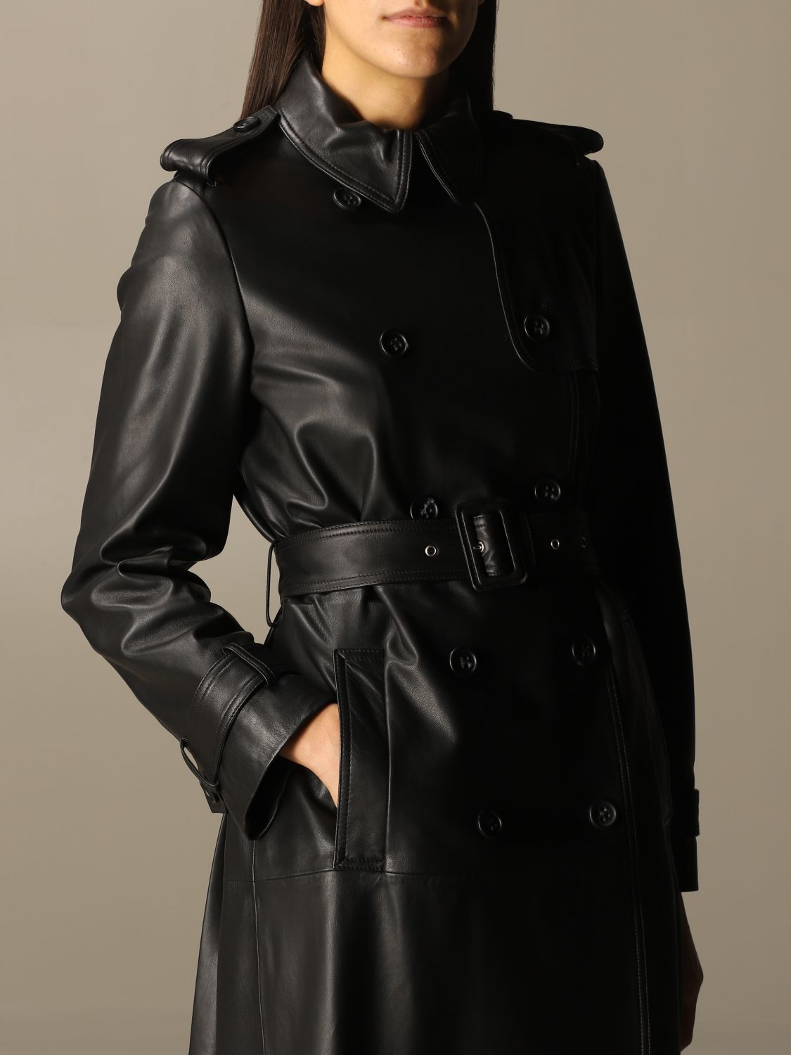 RED VALENTINO: long coat in leather with belt Black | Red trench coat UR0NC00A 5HP online at GIGLIO.COM