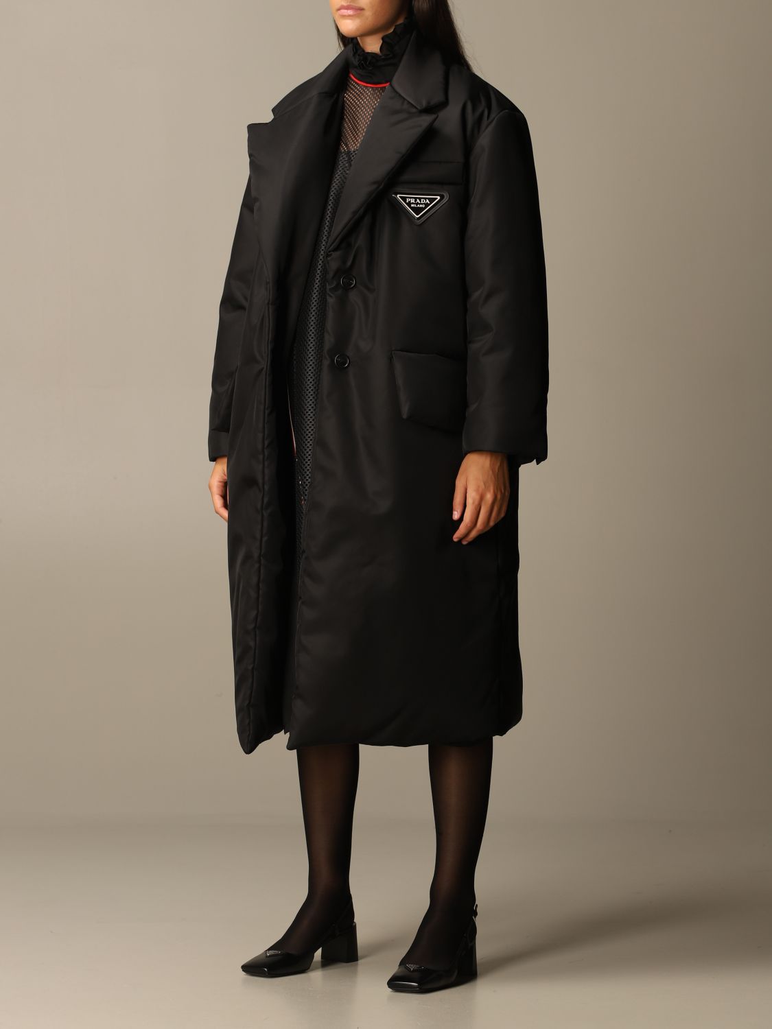 PRADA: long puffy down jacket with triangular logo - Black | Prada jacket  29C862 1WQ8 online on 