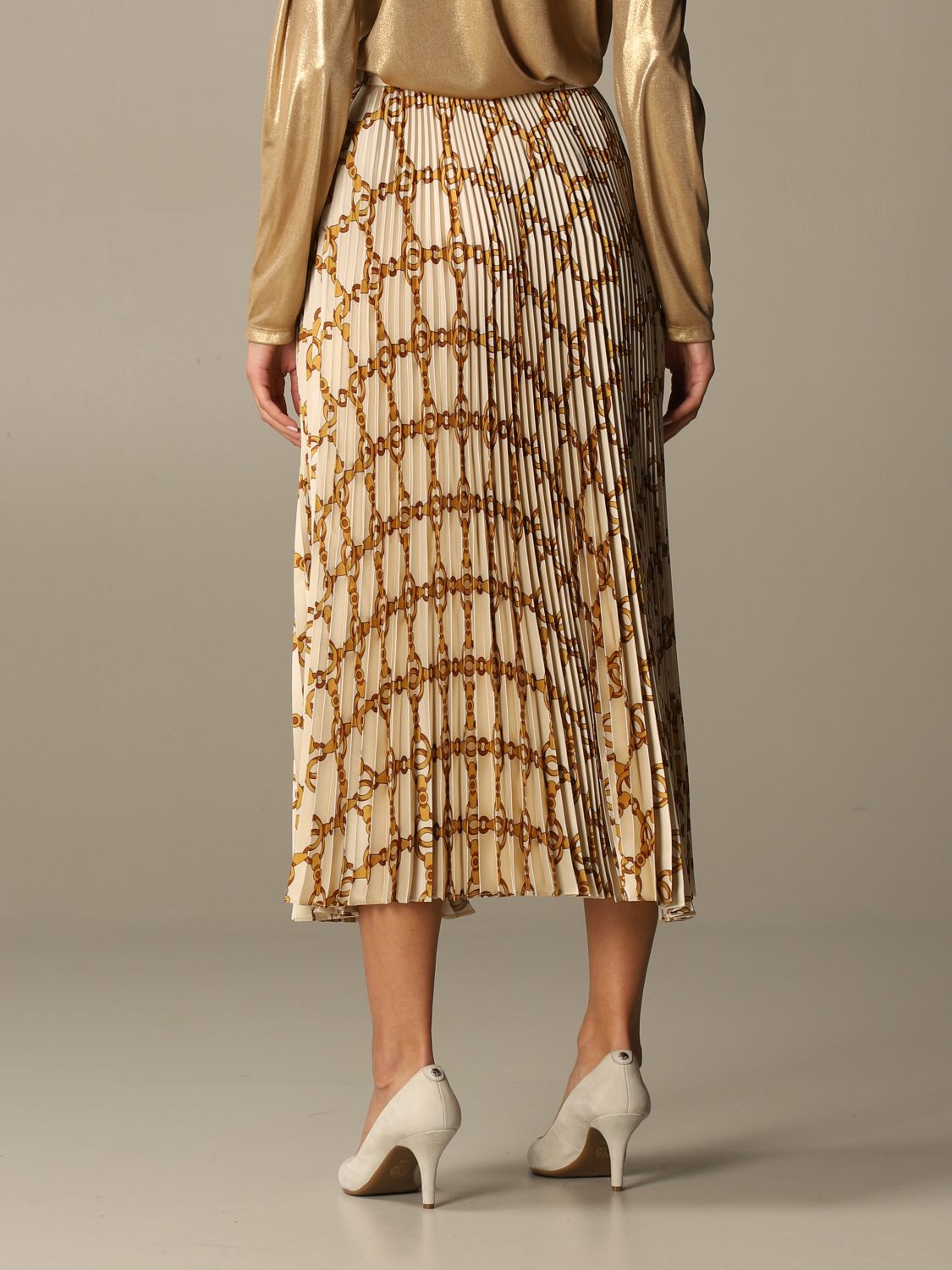 Twinset Outlet Twin Set Long Pleated Skirt With Chain Pattern Yellow Cream Skirt Twinset 
