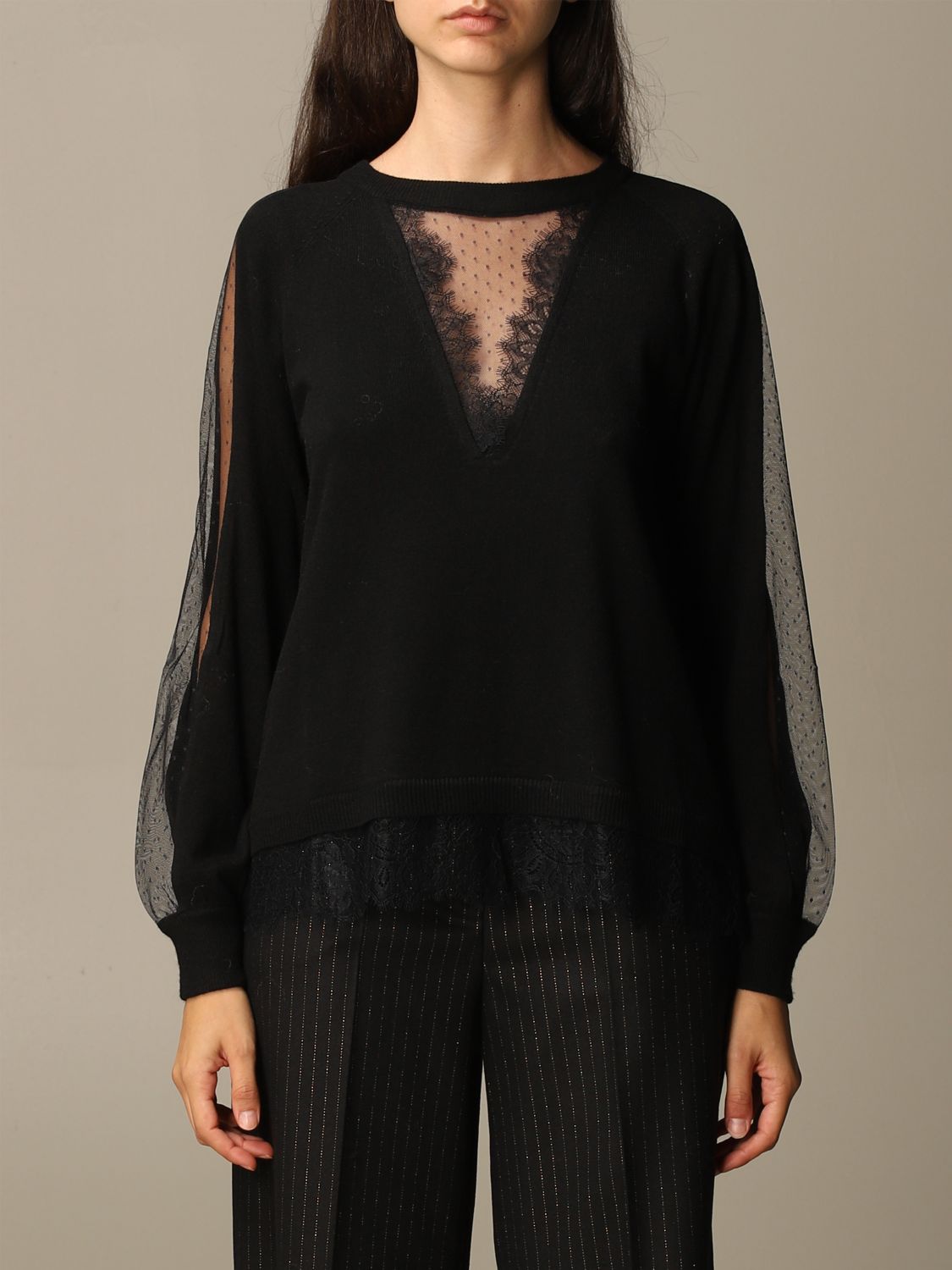 TWINSET: Round neck with lace - Black | Twinset sweater 202TT3133 ...