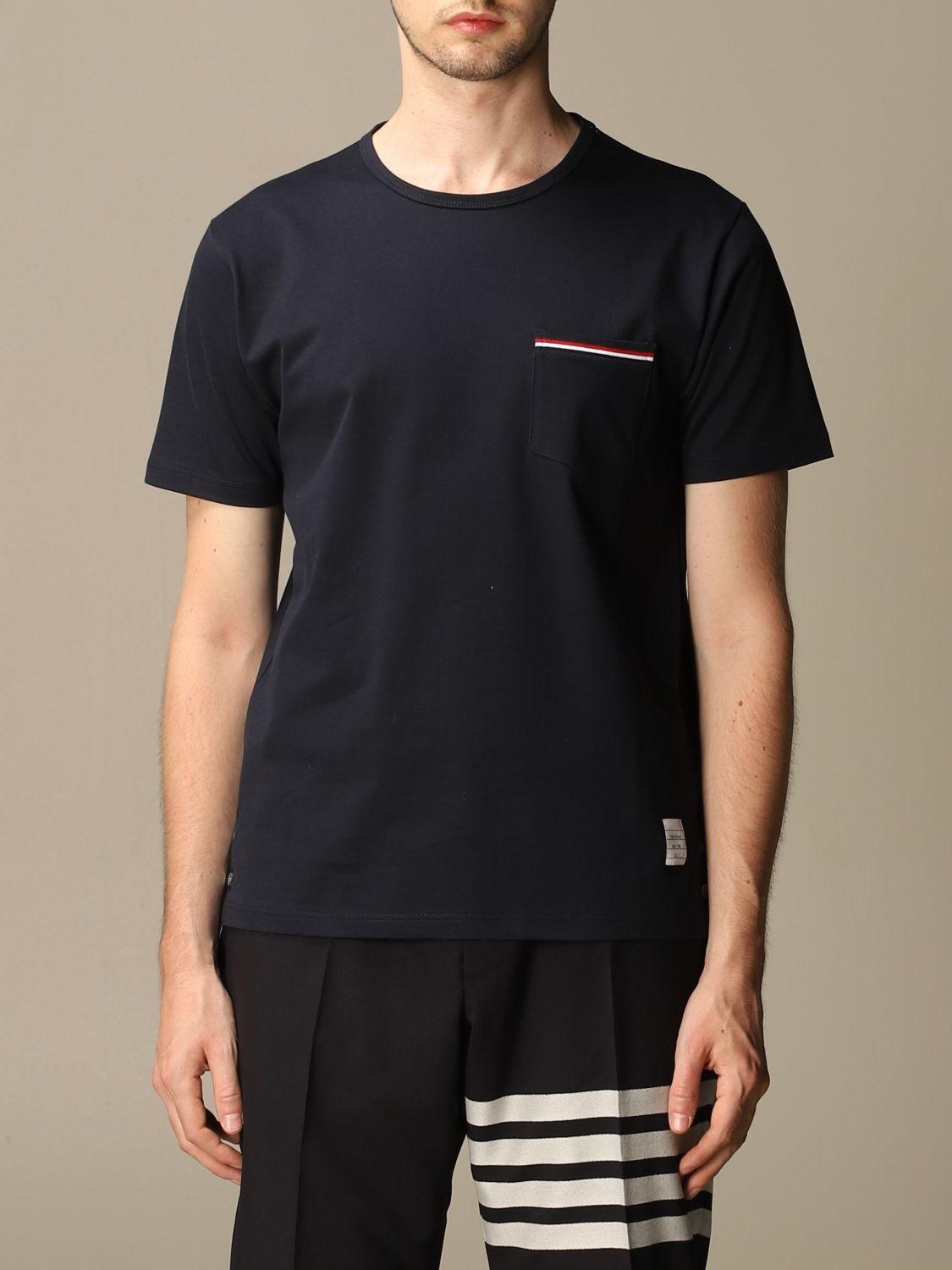 THOM BROWNE: cotton T-shirt with striped band and pocket - Navy | Thom ...