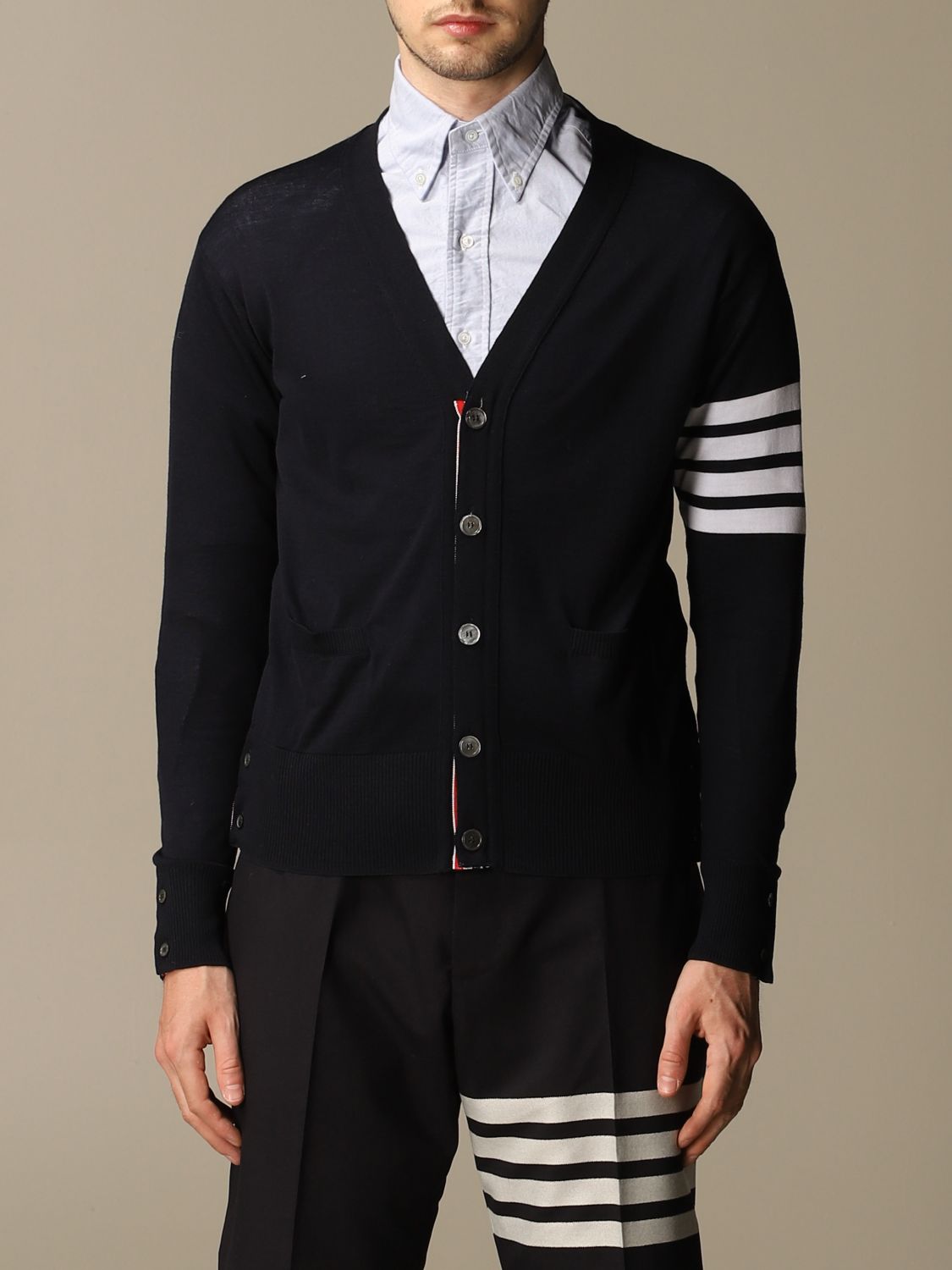 THOM BROWNE: wool cardigan in wool with stripes - Navy | Thom Browne