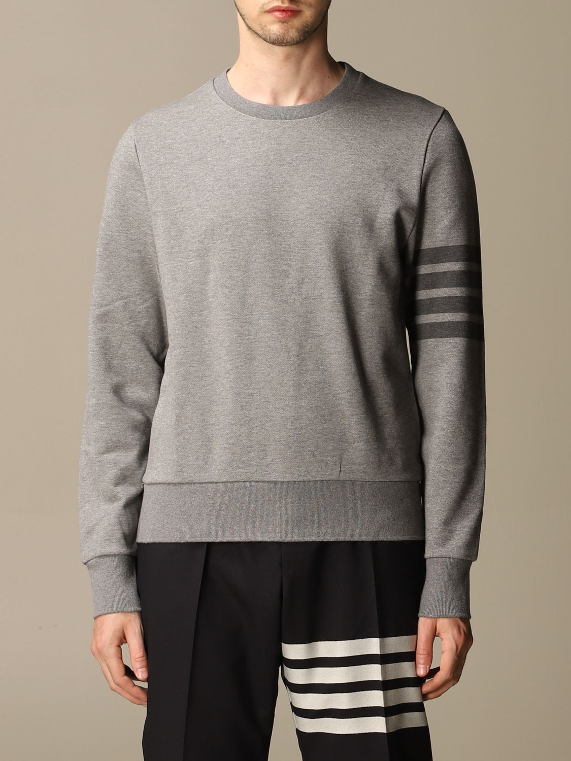 THOM BROWNE: cotton sweater with bands - Grey | Thom Browne sweatshirt ...