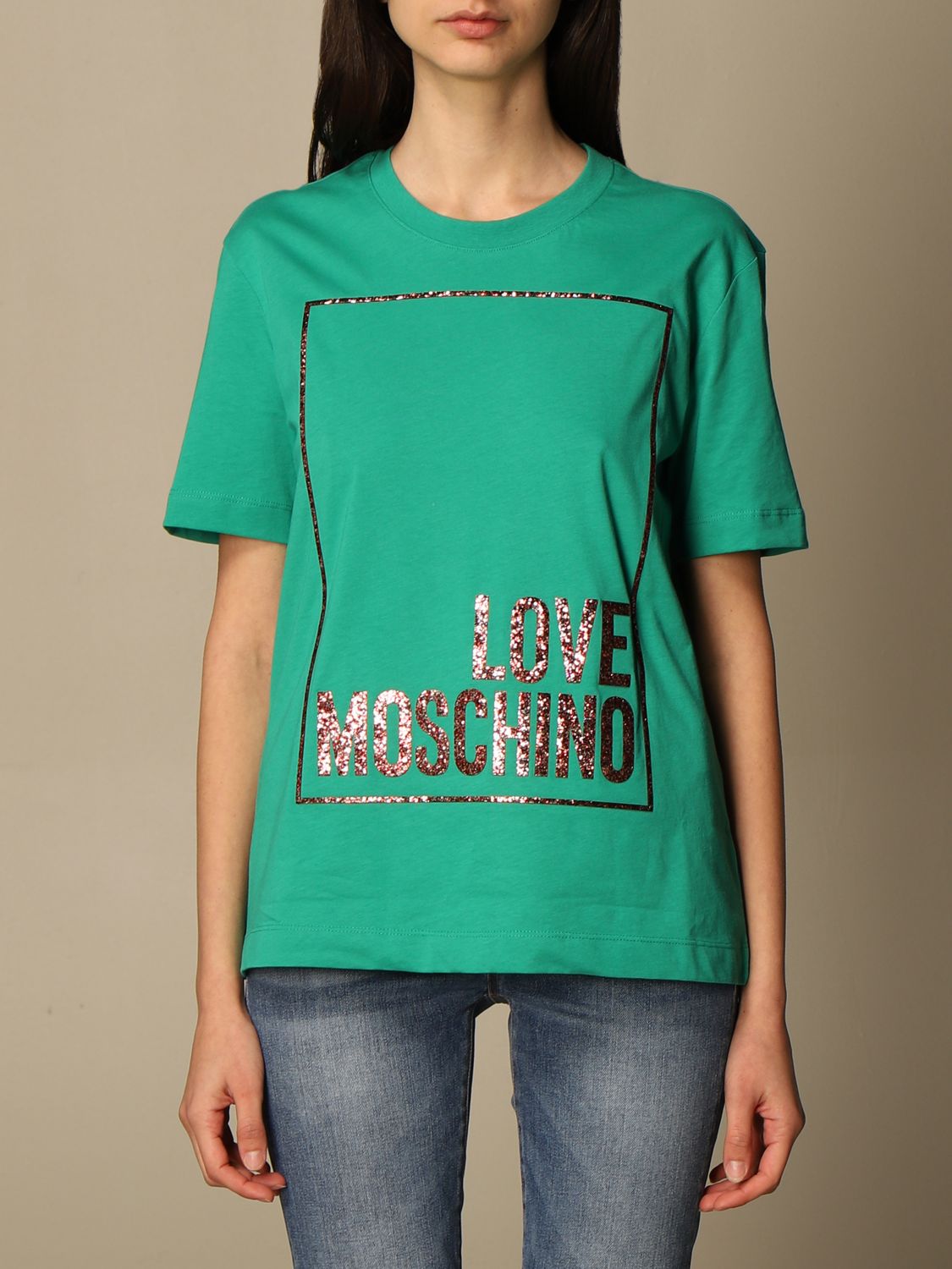 LOVE MOSCHINO: cotton T-shirt with glitter logo print - Green | Love ...